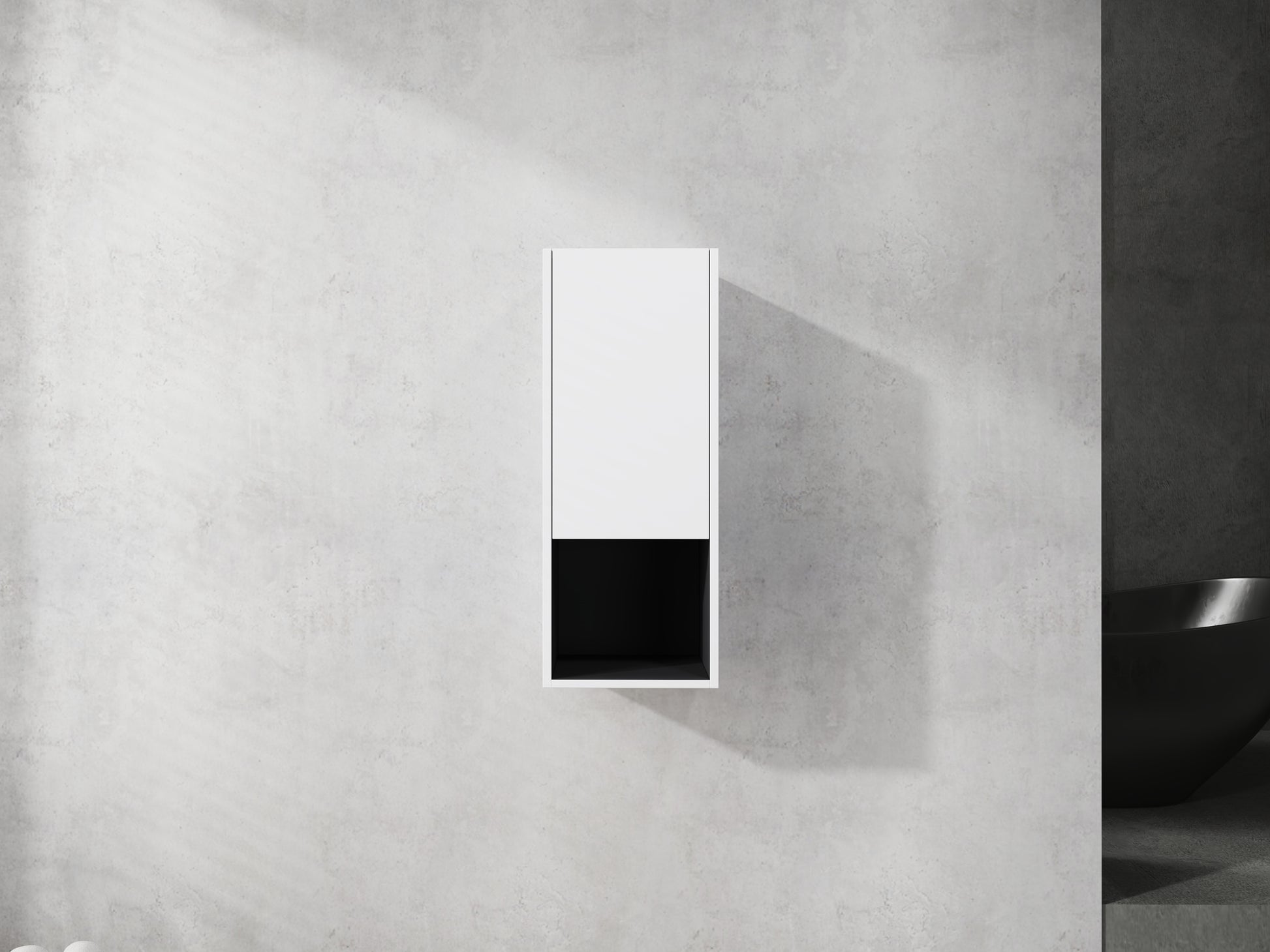 Modern white wallmounted cabinet with a contrasting black interior compartment ideal for bathroom storage