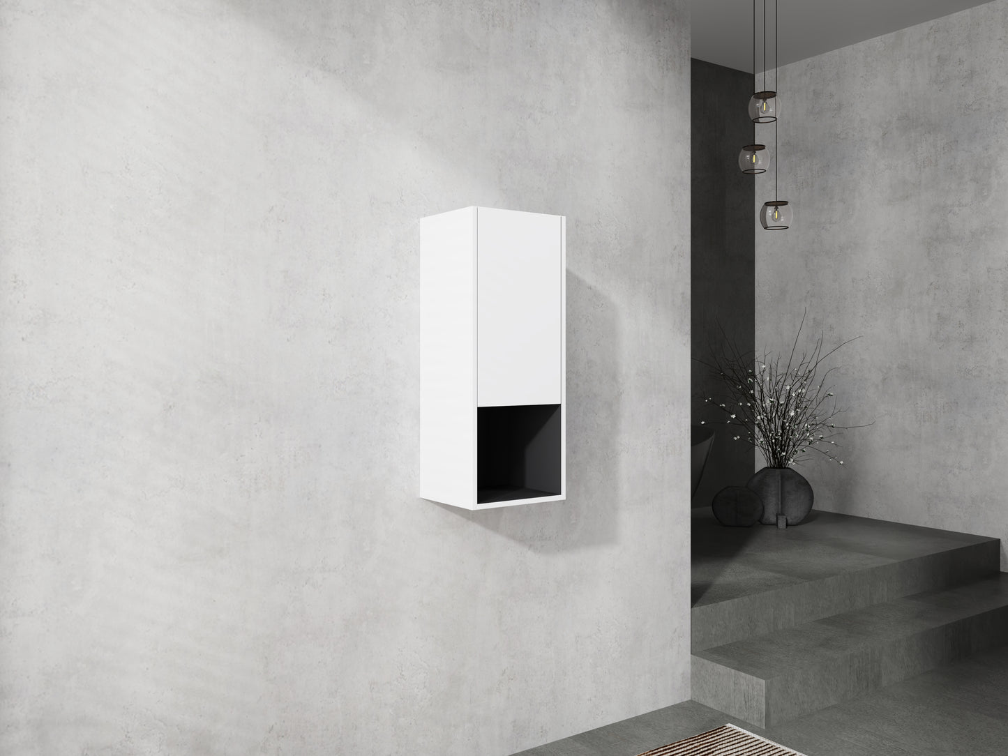 Modern white wallmounted cabinet with black open shelf for contemporary living room storage