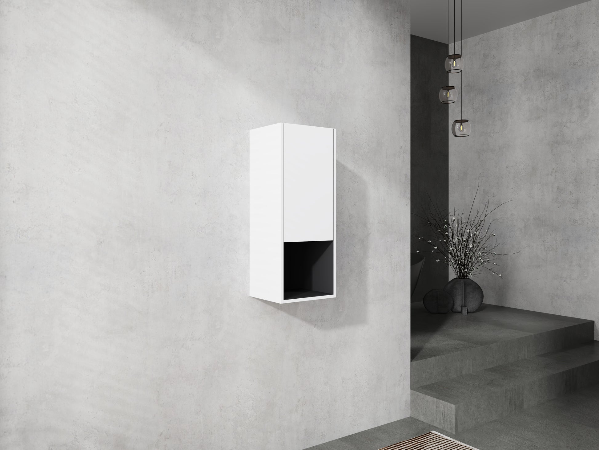 Modern white wallmounted cabinet with black open shelf for contemporary living room storage