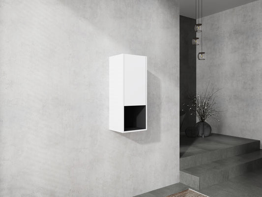 Modern white wallmounted cabinet with black open shelf for contemporary living room storage