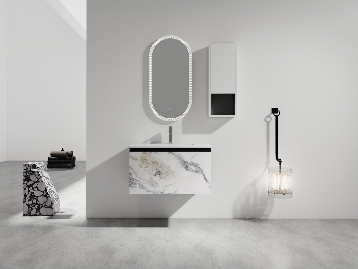 Modern oval bathroom mirror with integrated LED lighting and touch controls
