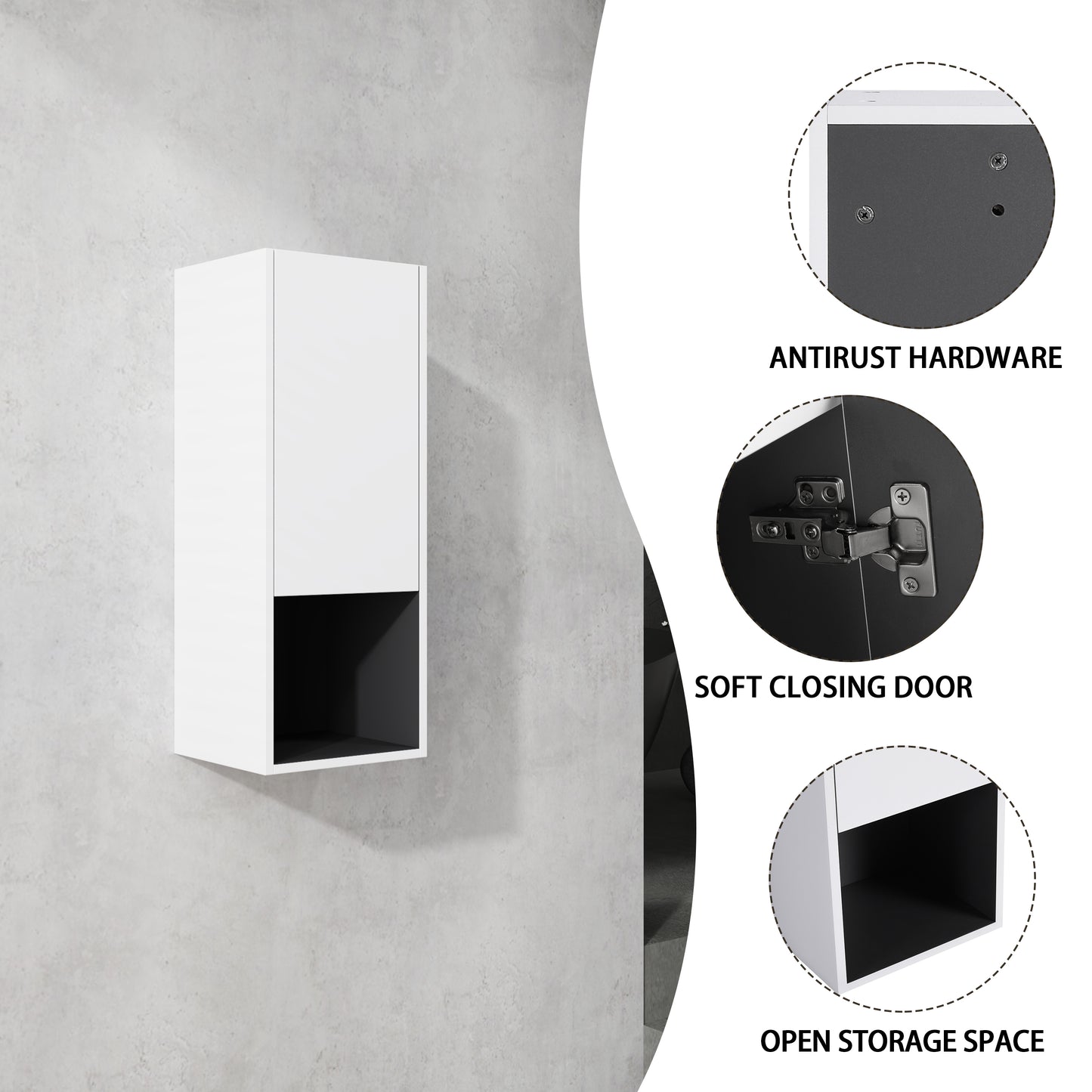 White wallmounted cabinet with a softclosing door and an open storage space