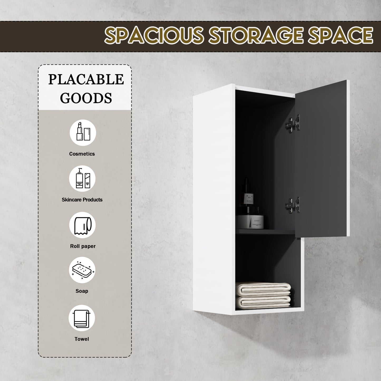 White wallmounted bathroom cabinet with dark gray interior ideal for storing cosmetics