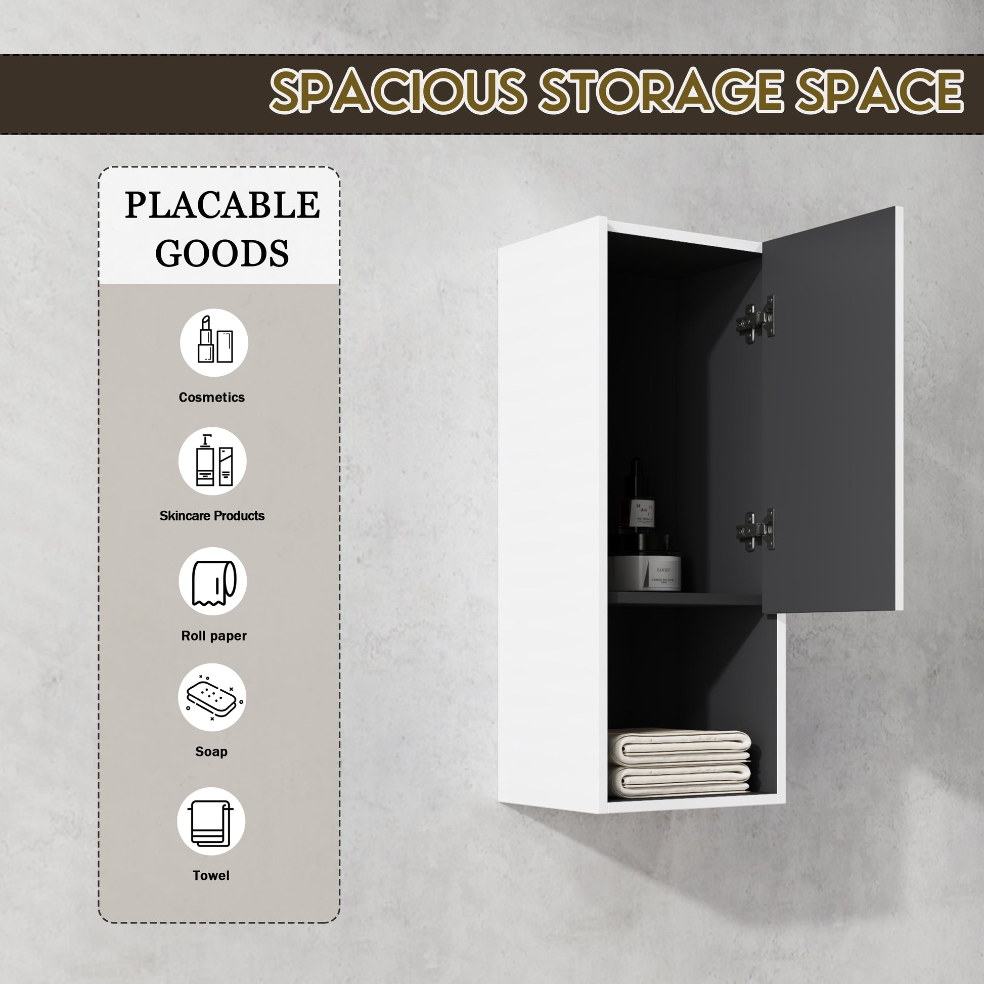 White wallmounted bathroom cabinet with dark gray interior ideal for storing cosmetics