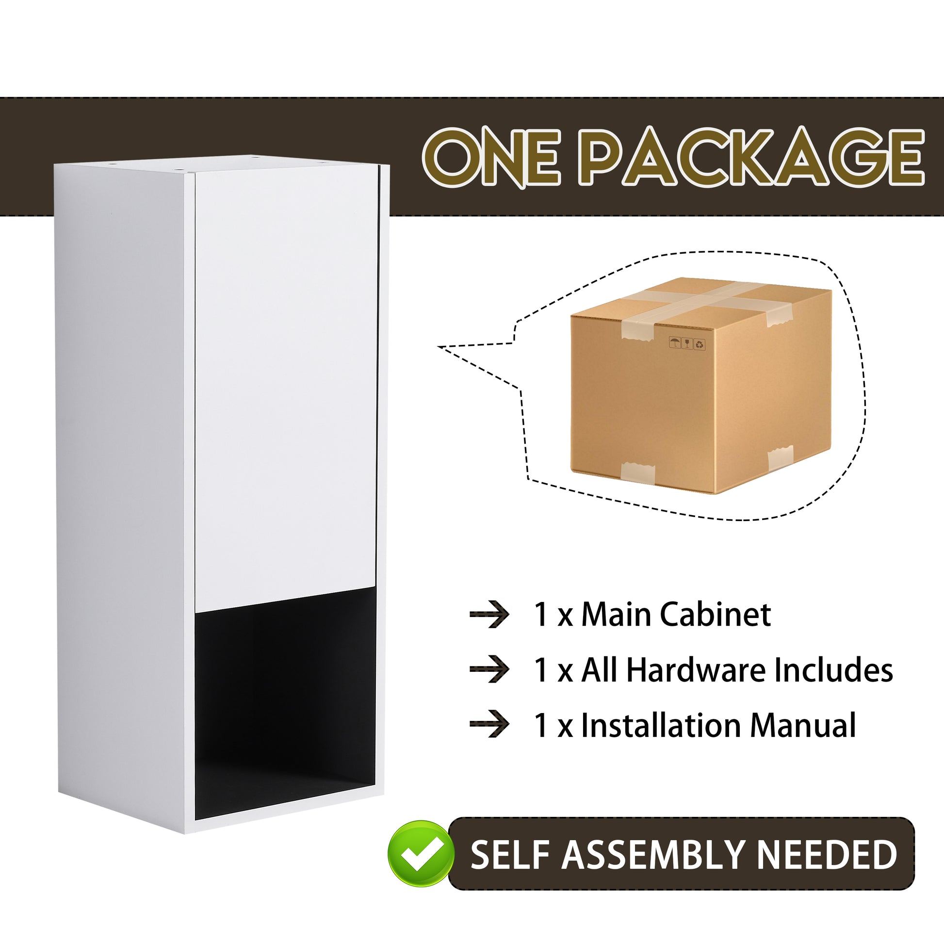 Tall white cabinet with black bottom section includes one package with hardware and manual