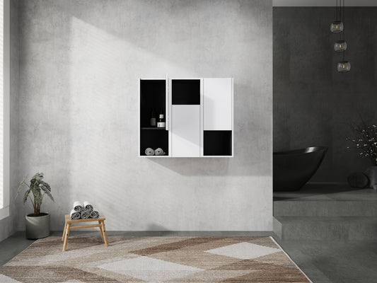 Modern white and black wallmounted cabinet with shelves holding toiletries and towels