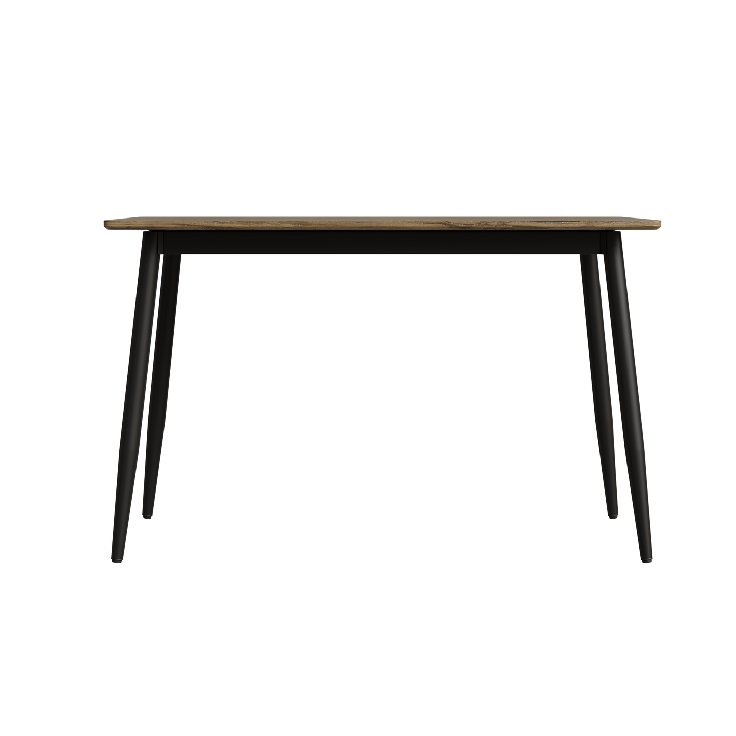 Modern wood top dining table with slender black metal legs perfect for small spaces