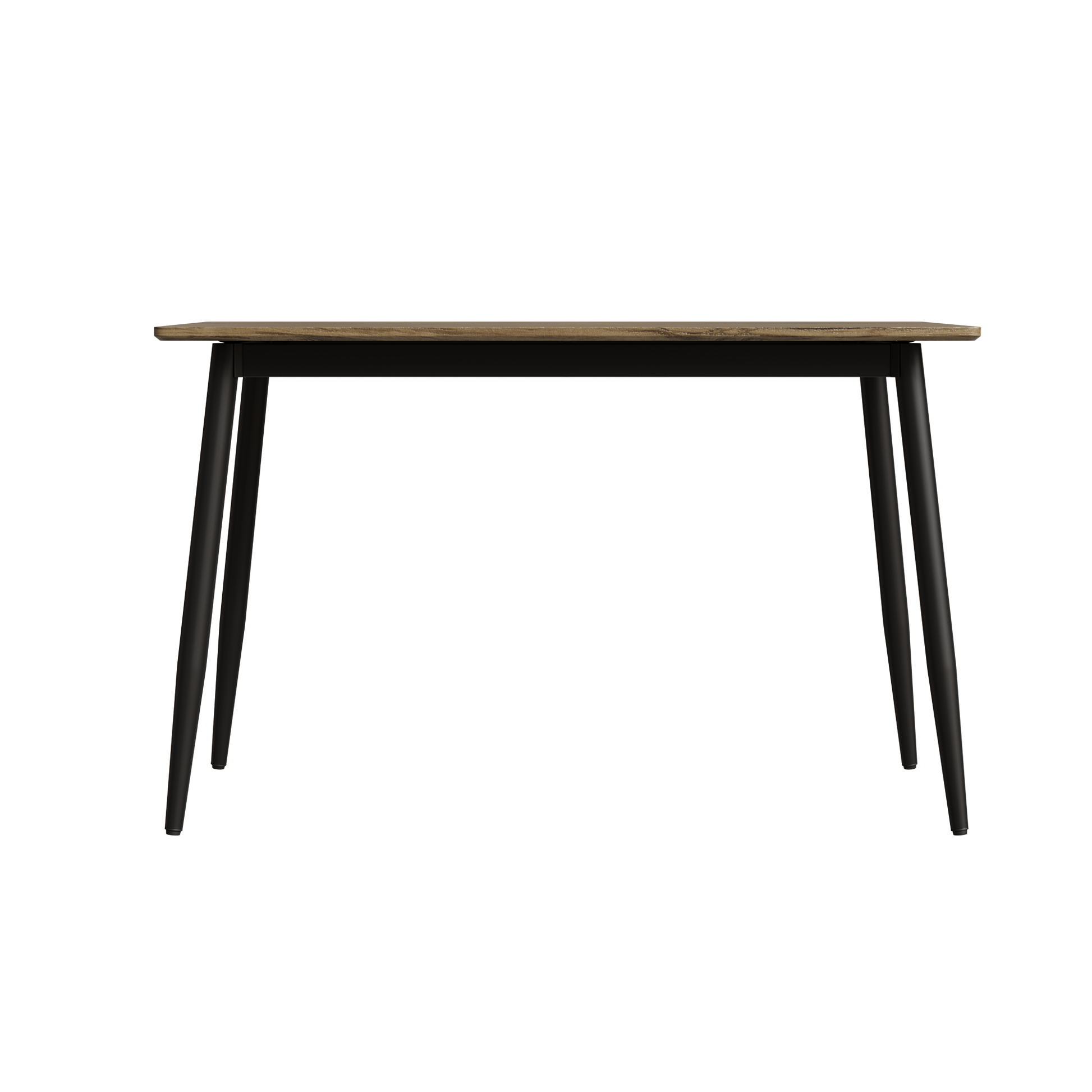 Modern wood top dining table with slender black metal legs perfect for small spaces