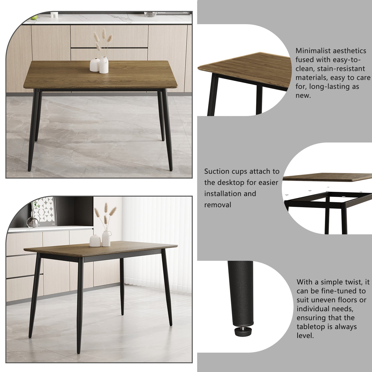 Modern dining table with a rustic wood grain top and sleek black metal legs perfect for contemporary kitchens