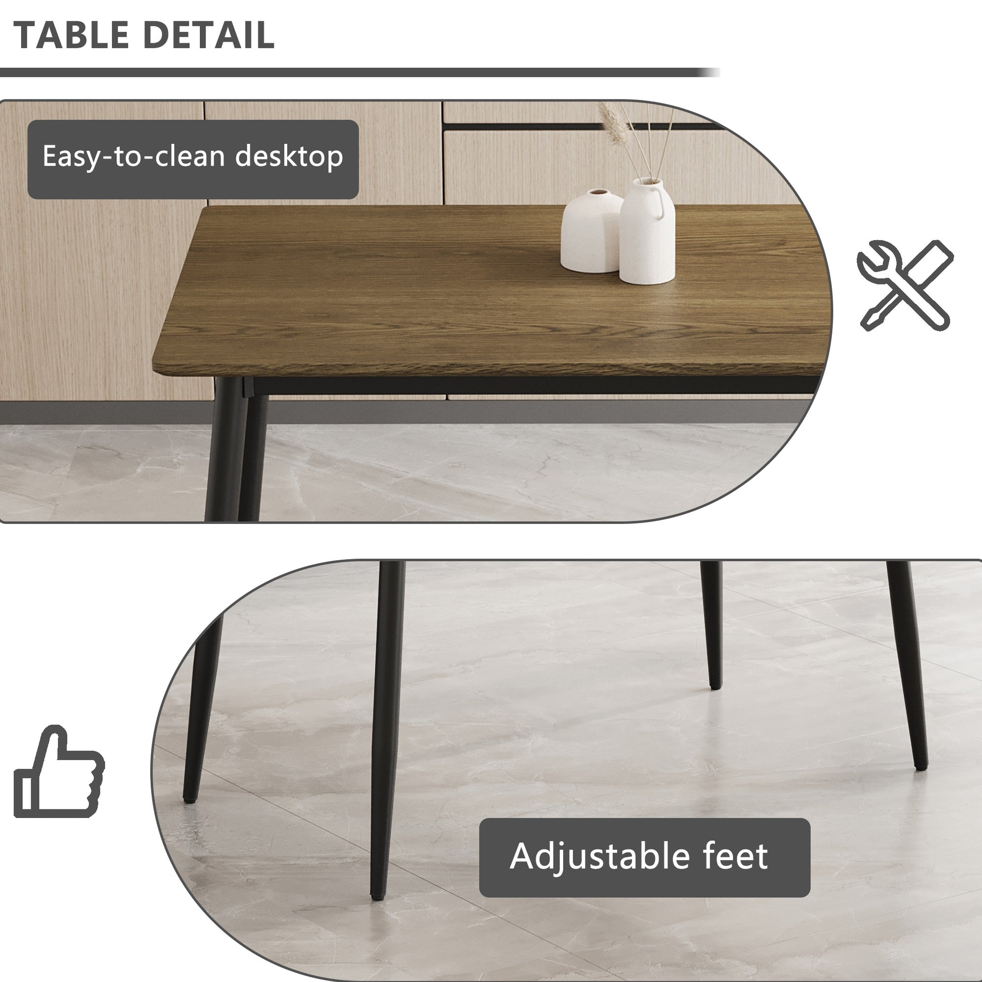 Wooden tabletop detail with two white vases highlighting easytoclean desktop surface