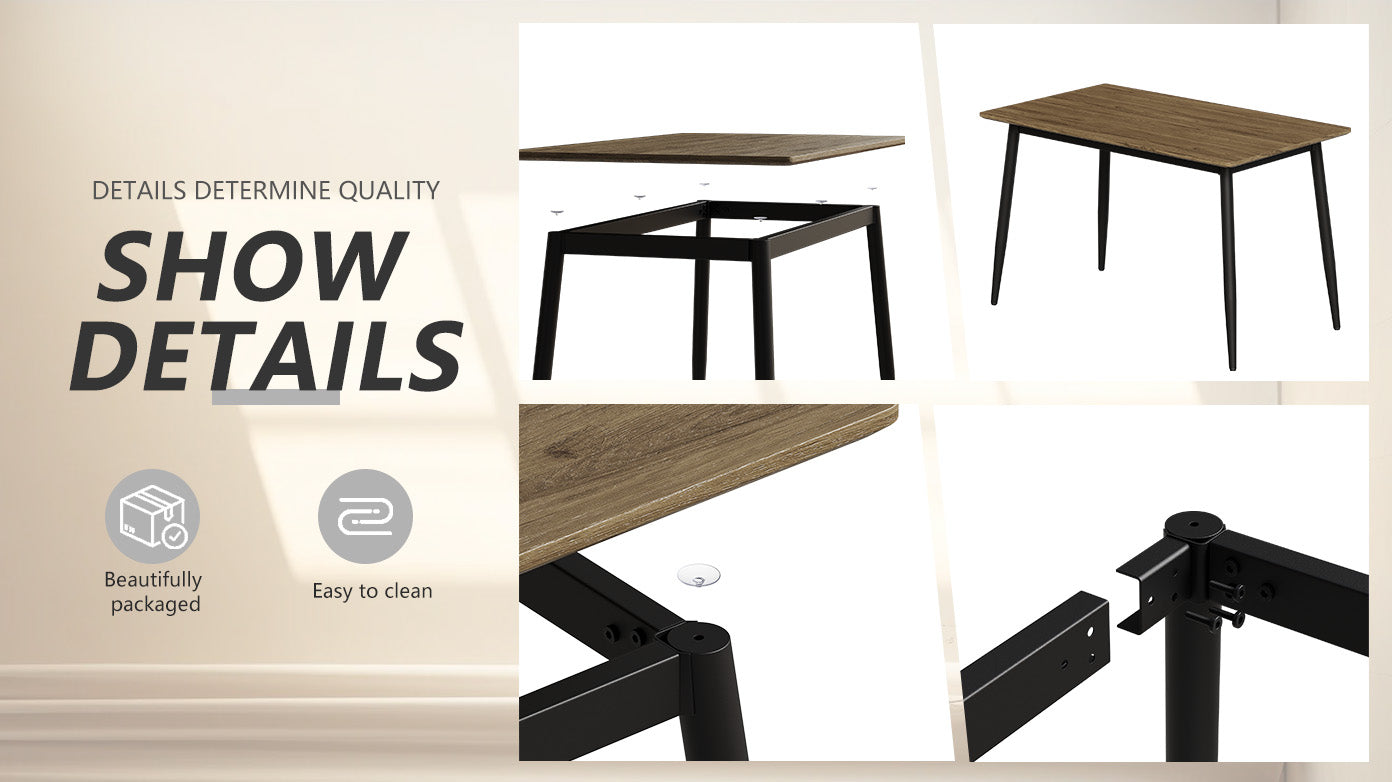 Modern dining table with a woodgrain tabletop and black metal legs