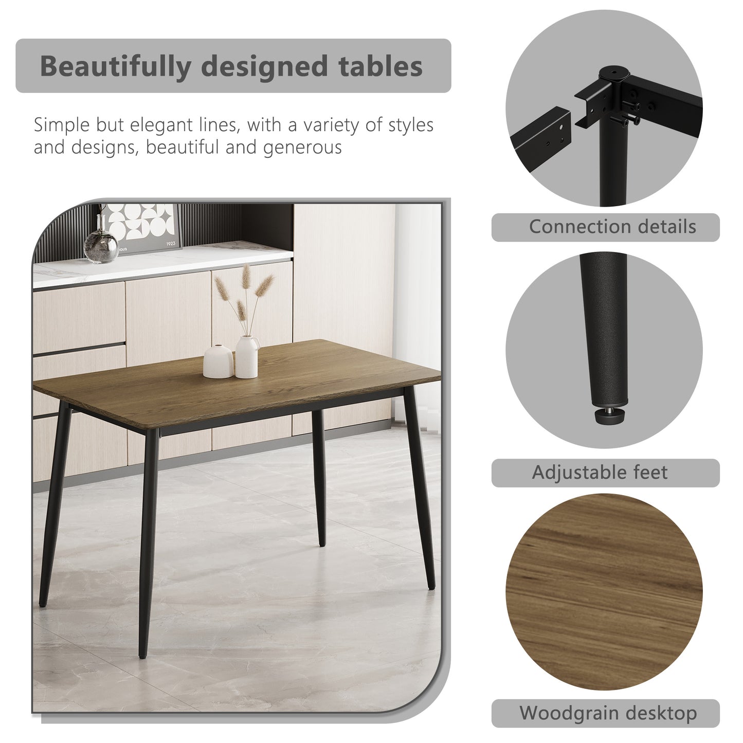 Modern dining table with dark woodgrain desktop and black metal legs