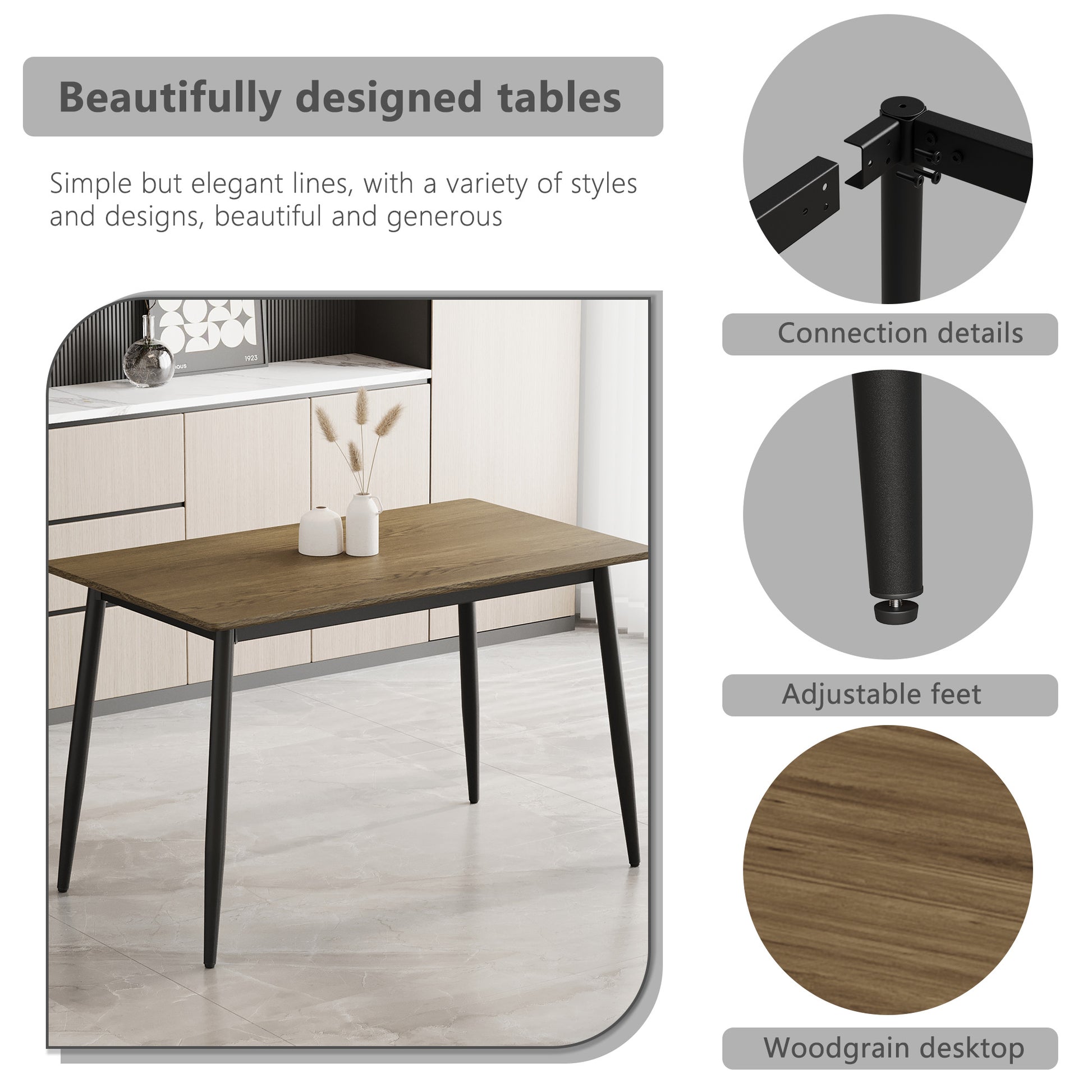 Modern dining table with dark woodgrain desktop and black metal legs