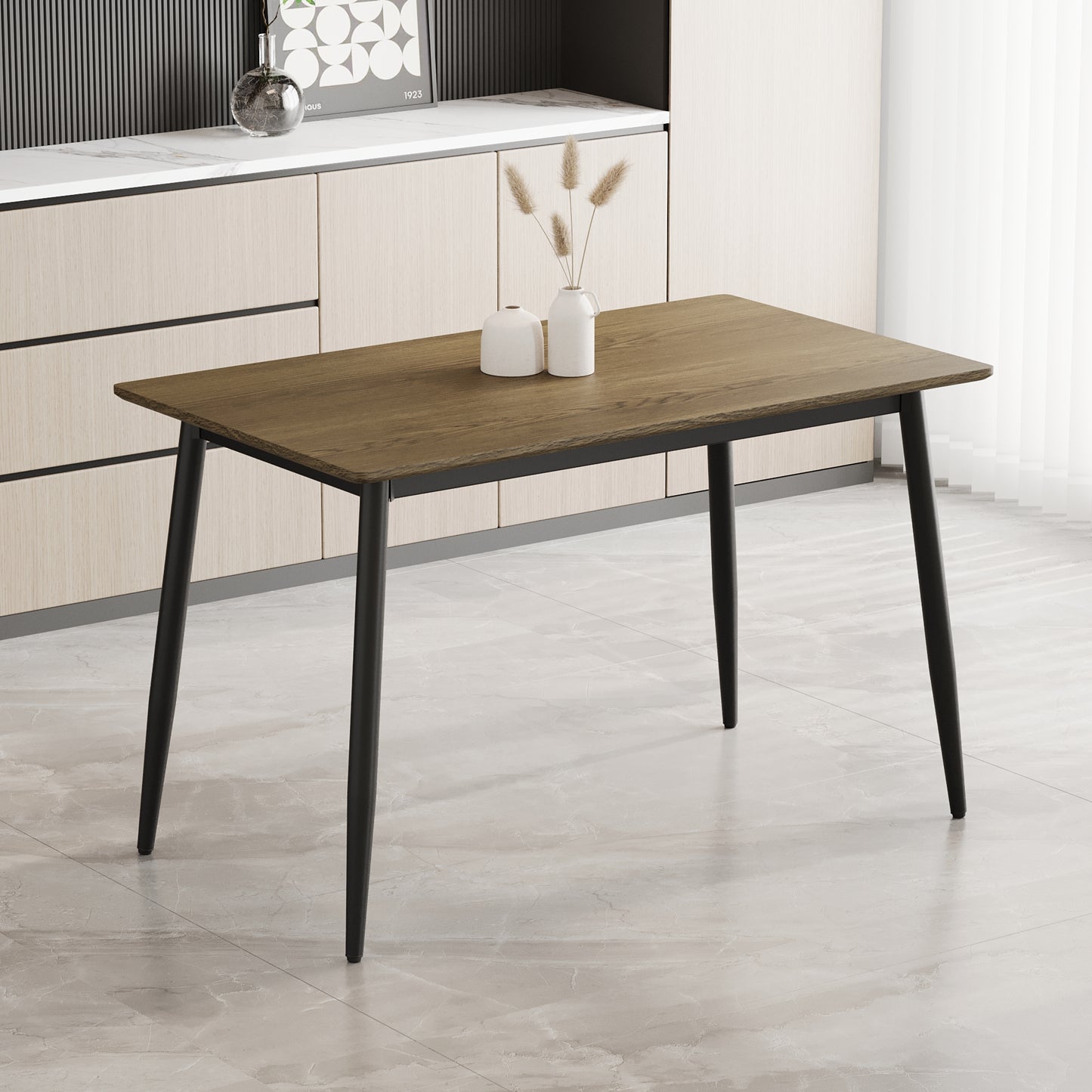 Rectangular oak veneer dining table with black metal legs perfect for modern kitchens