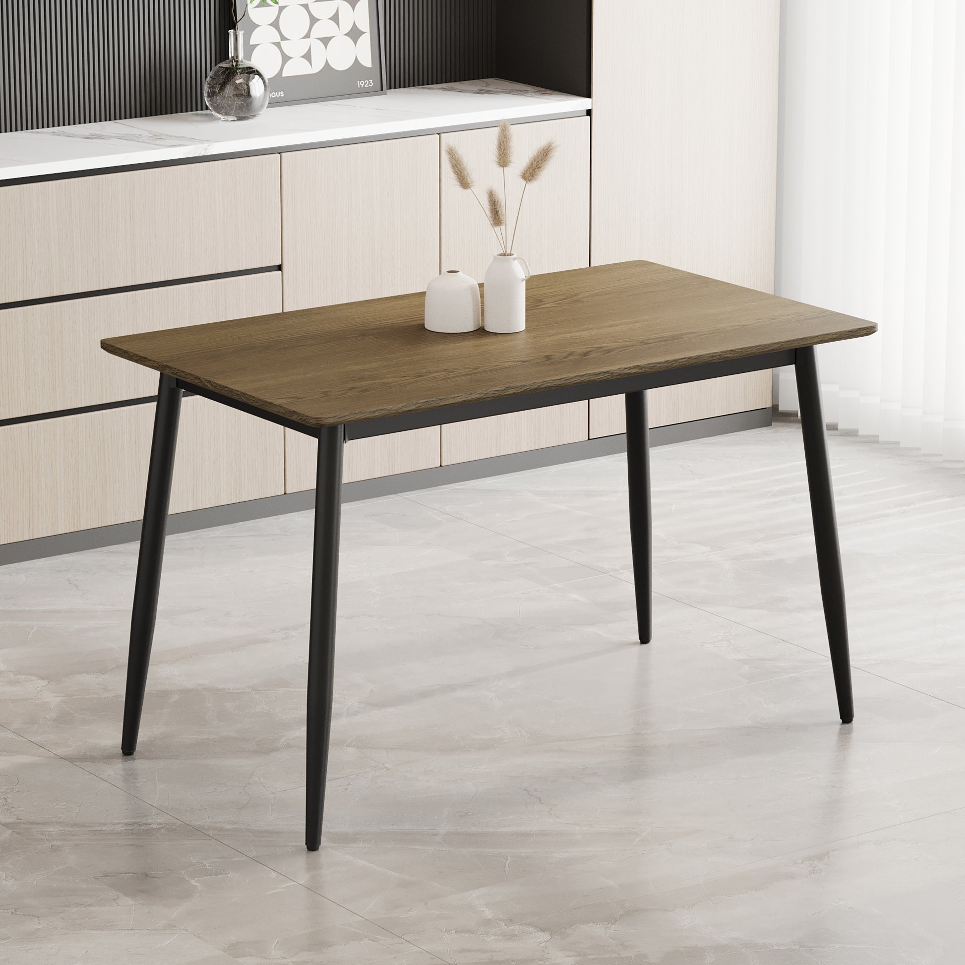 Rectangular oak veneer dining table with black metal legs perfect for modern kitchens