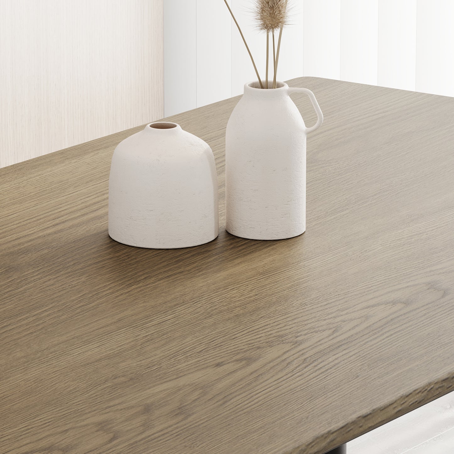 Rustic oak dining table surface with natural wood grain texture ideal for modern homes