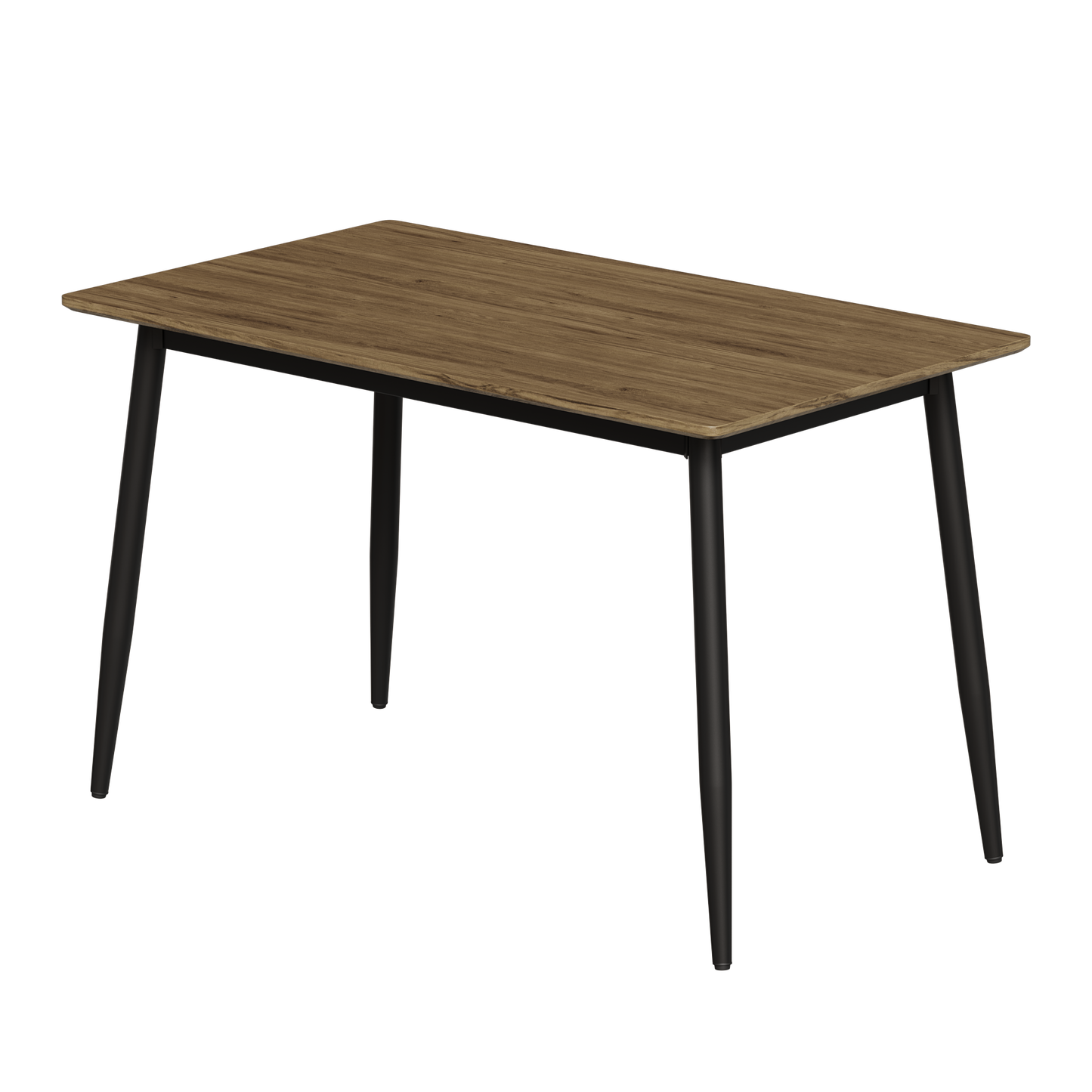 Modern rectangular dining table with a walnut wood veneer top and black metal legs