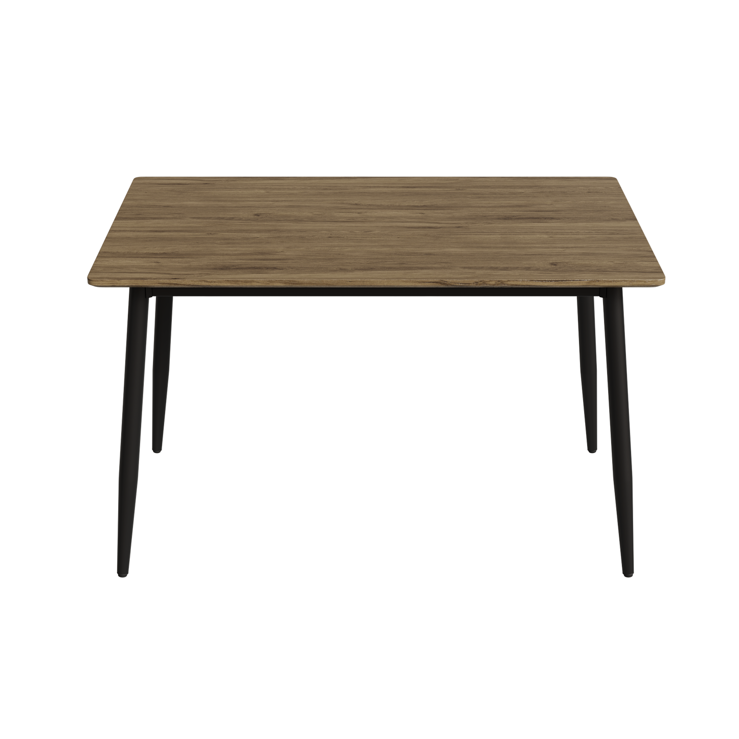 Small rectangular wood grain dining table with black tapered legs