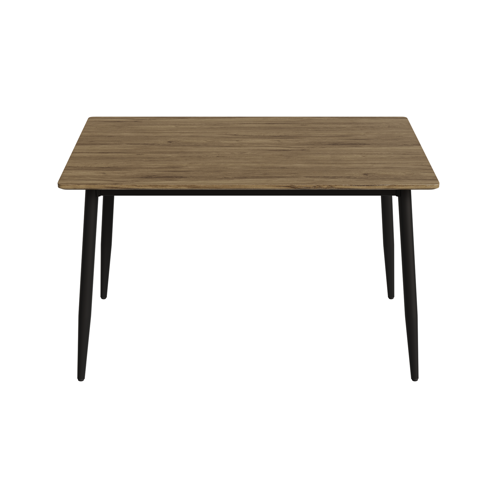 Small rectangular wood grain dining table with black tapered legs