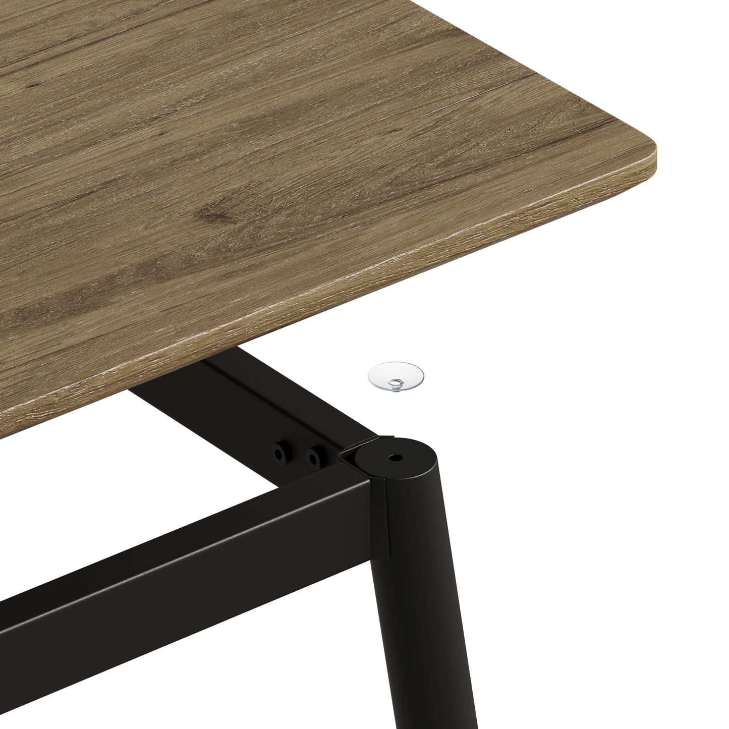 Wooden desk surface with dark metal legs and clear adhesive pads for protection