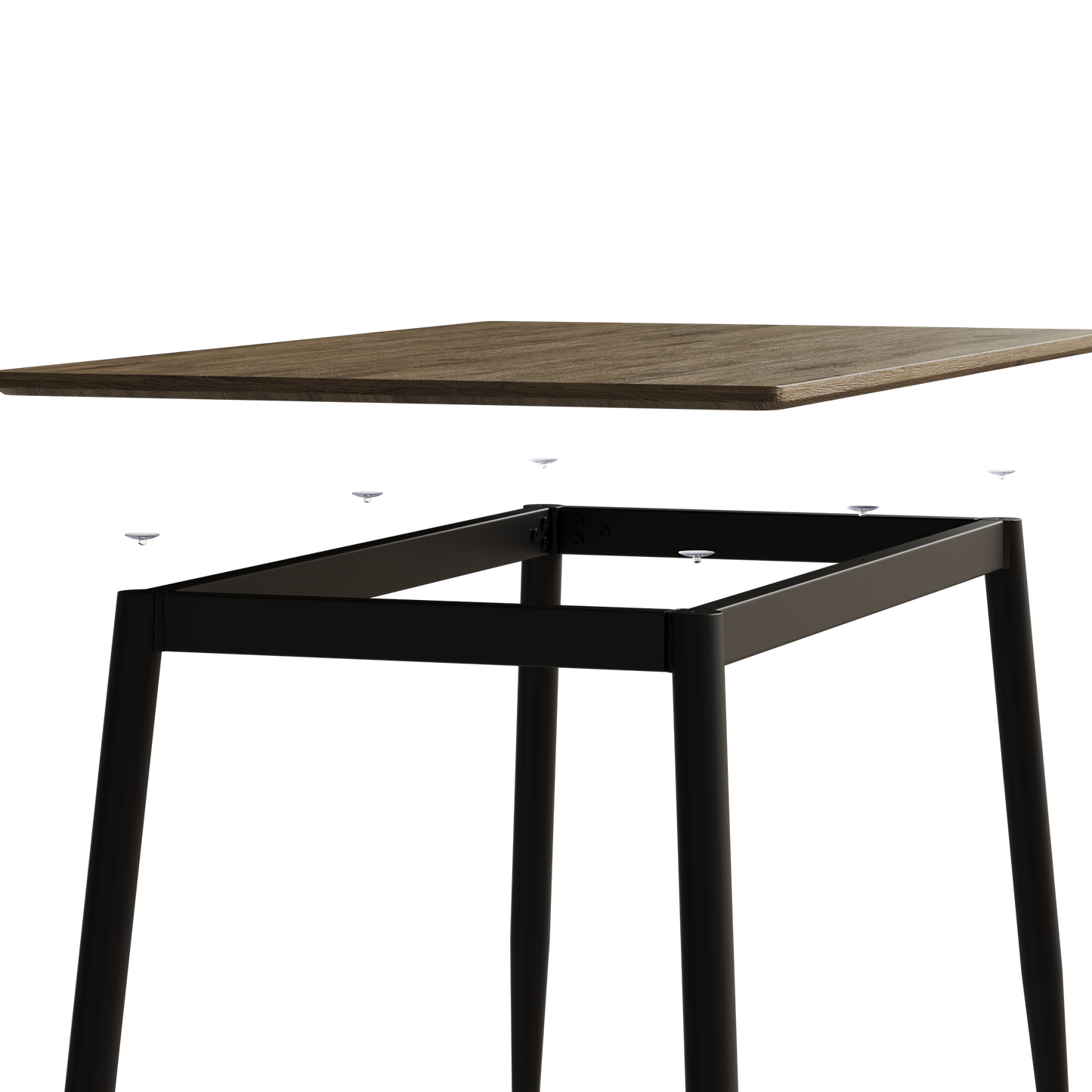 Modern dining table with rustic wood top and dark metal frame assembly view