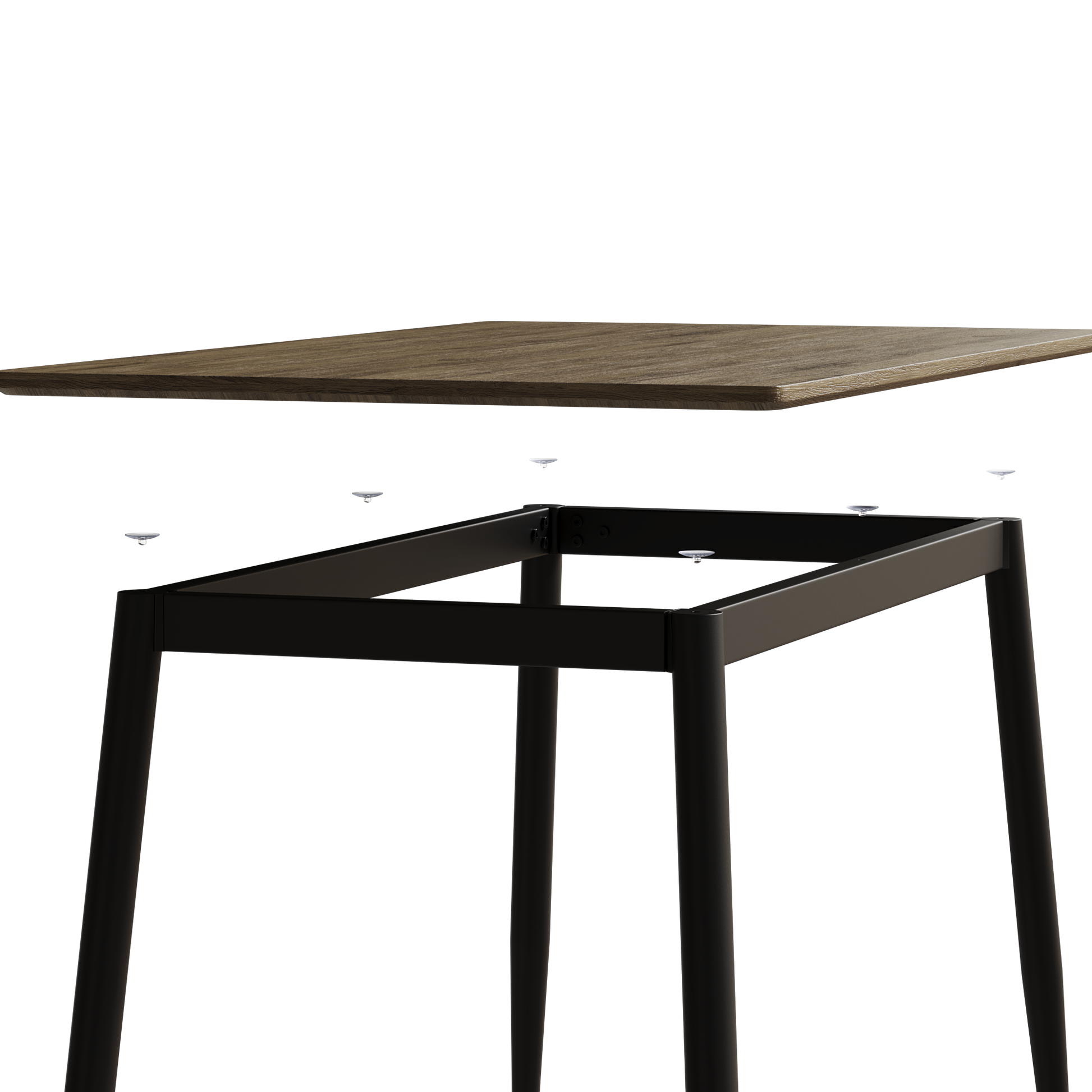 Modern dining table with rustic wood top and dark metal frame assembly view