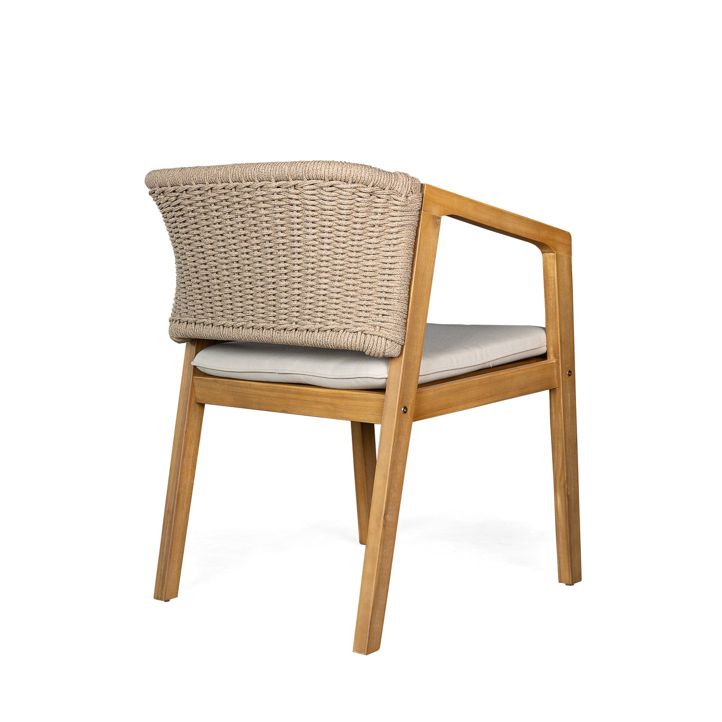 Wooden armchair with woven rope back and upholstered seat natural tone