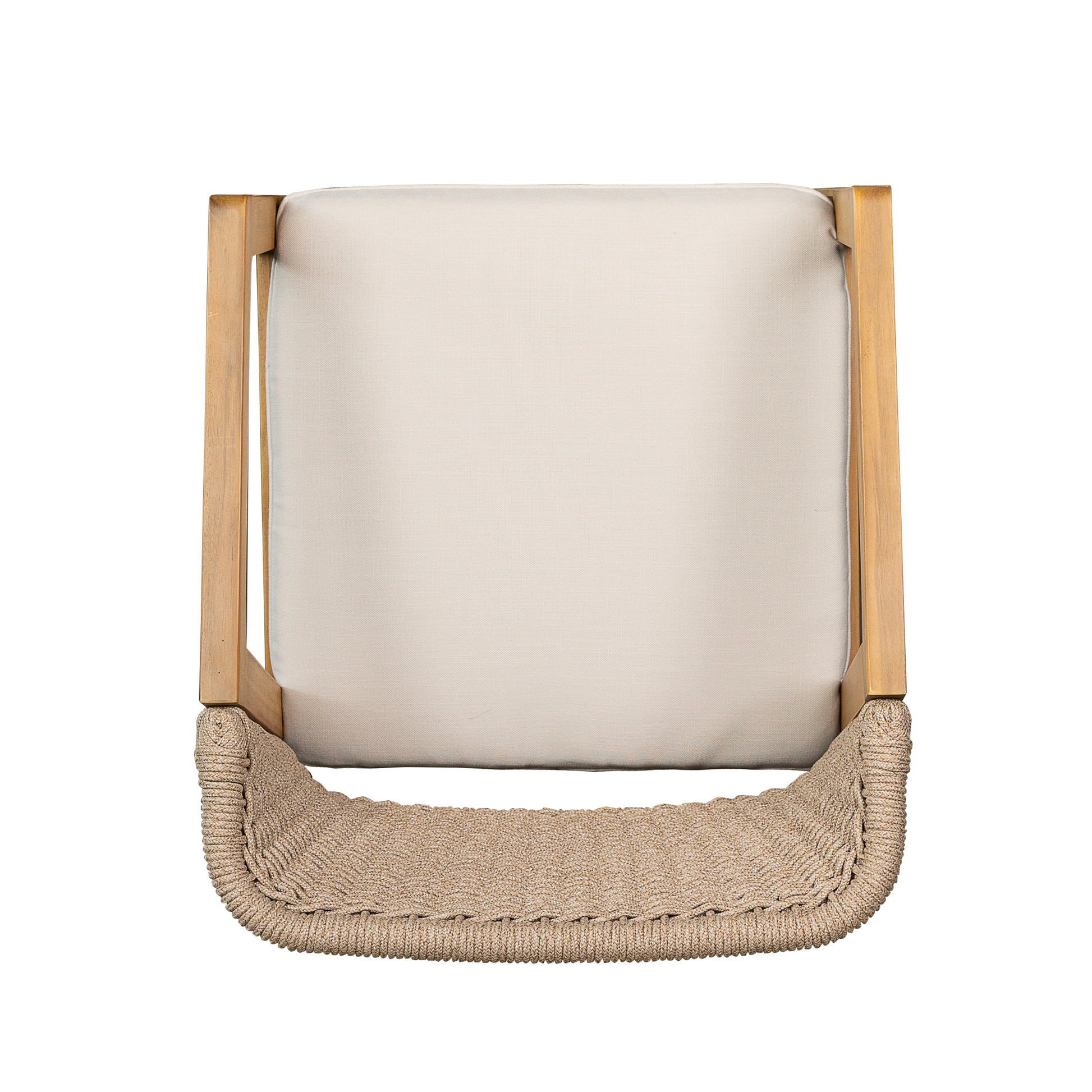 Top view of a modern accent chair with a light beige fabric seat and natural wood frame