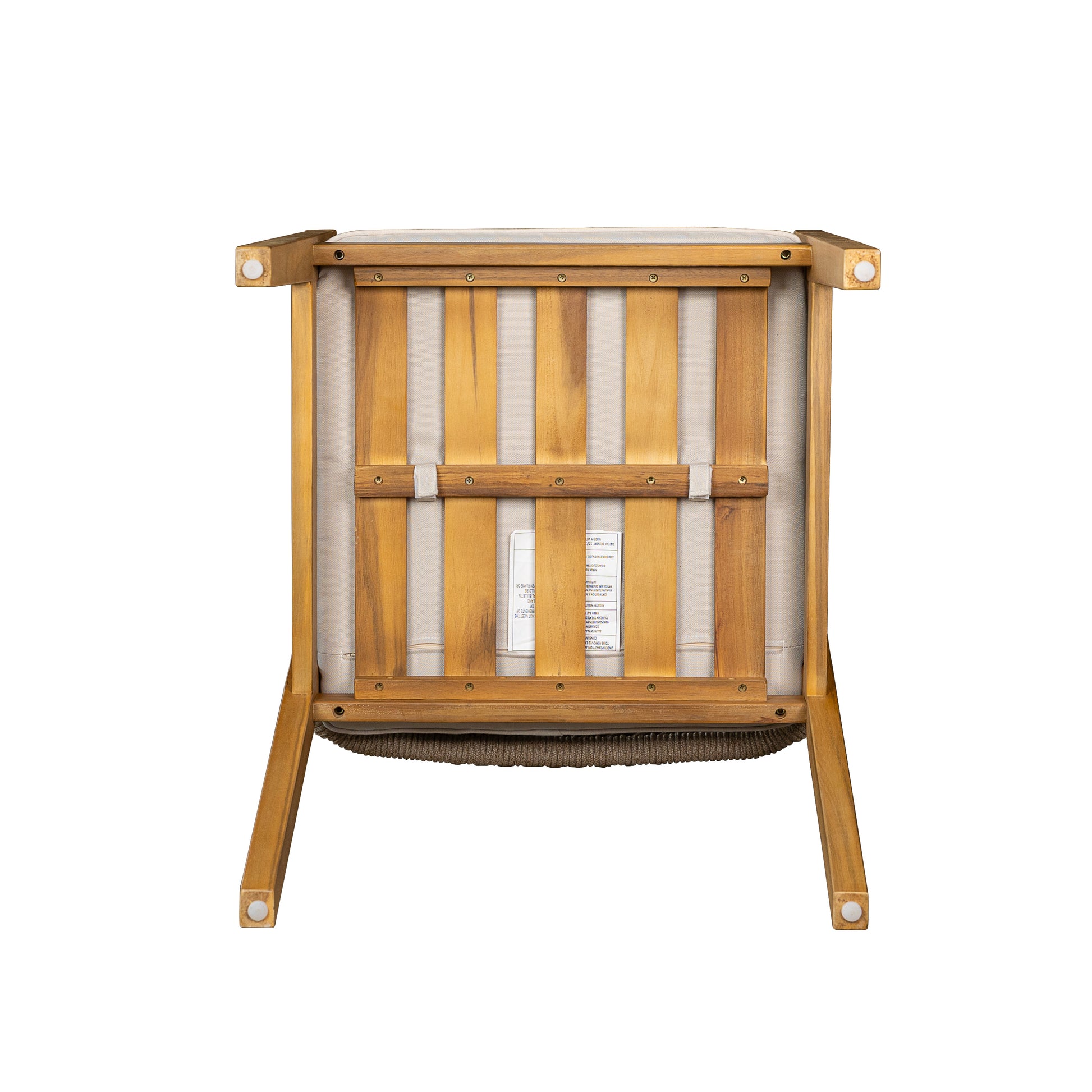 Underside view of a natural wood armchair with light beige upholstery and a label