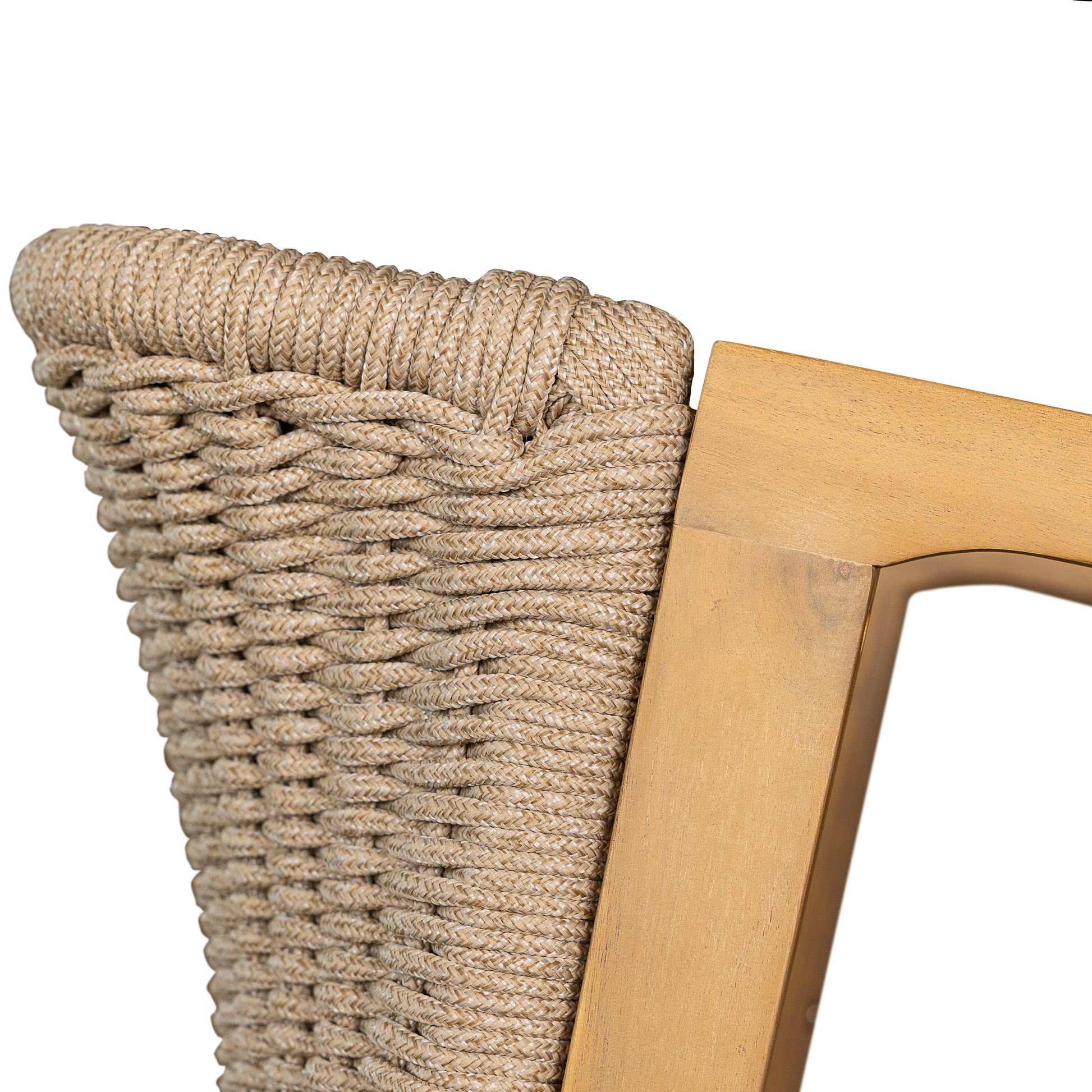 Closeup of a woven rope chair back in natural beige showcasing intricate braided texture and a wooden frame detail