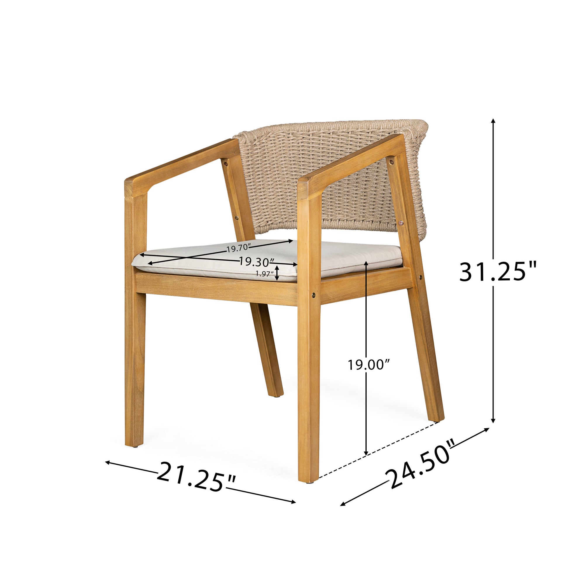 Modern armchair with natural wood frame and woven rattan back