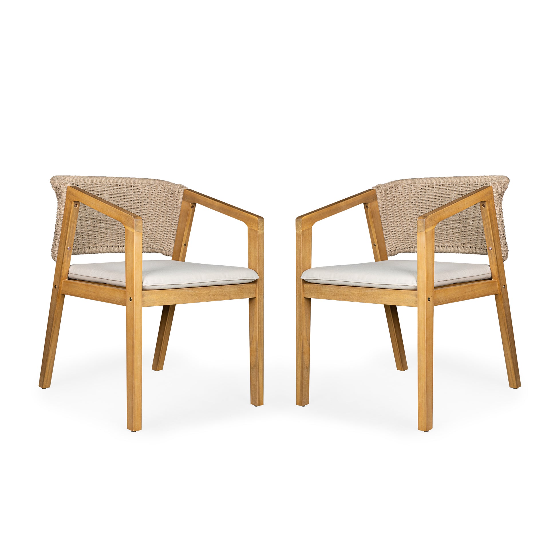 Two light wood armchairs with natural woven backs and cream cushions