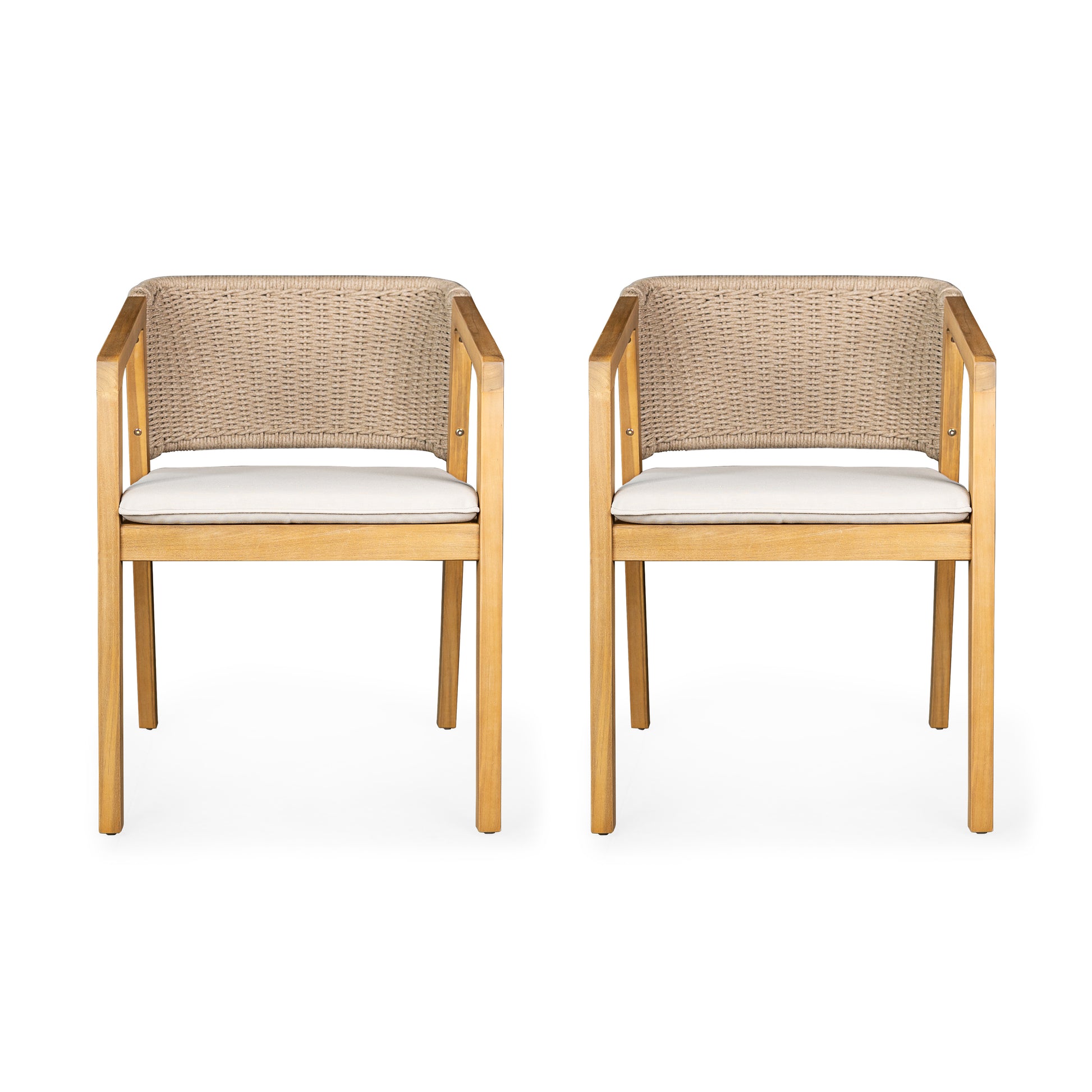 Two light oak armchairs with natural woven rope seat backs and white cushions