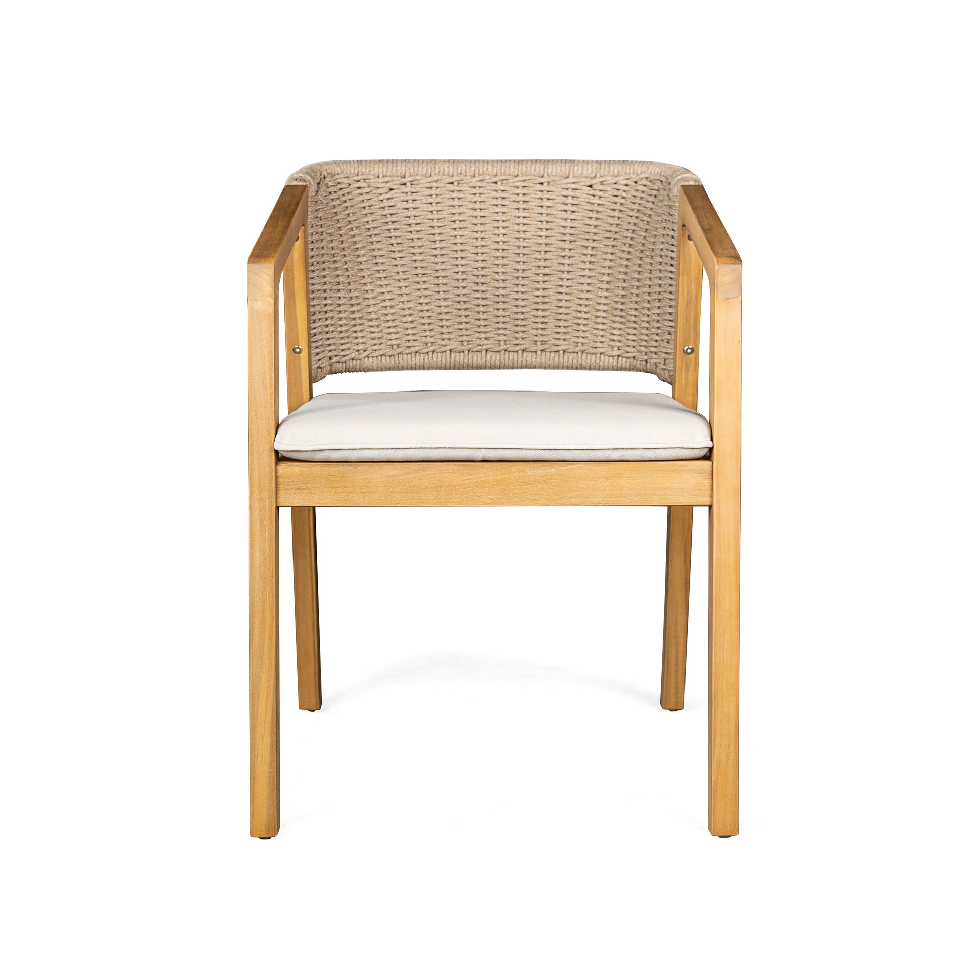 Natural wood armchair with beige woven rope back and white cushion