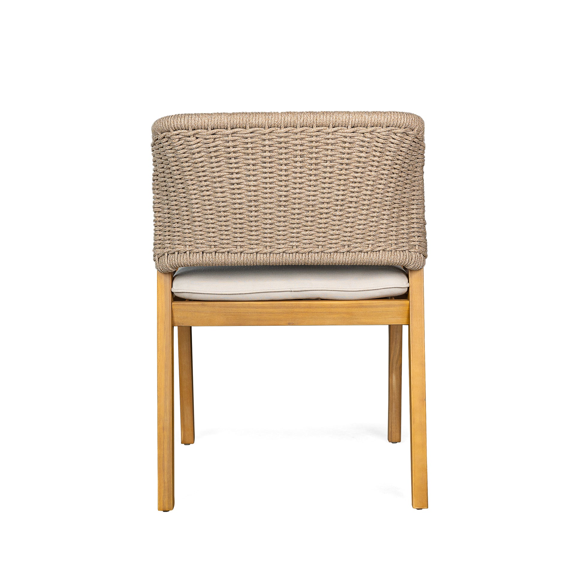 Modern woven chair with natural wood frame and beige cushion