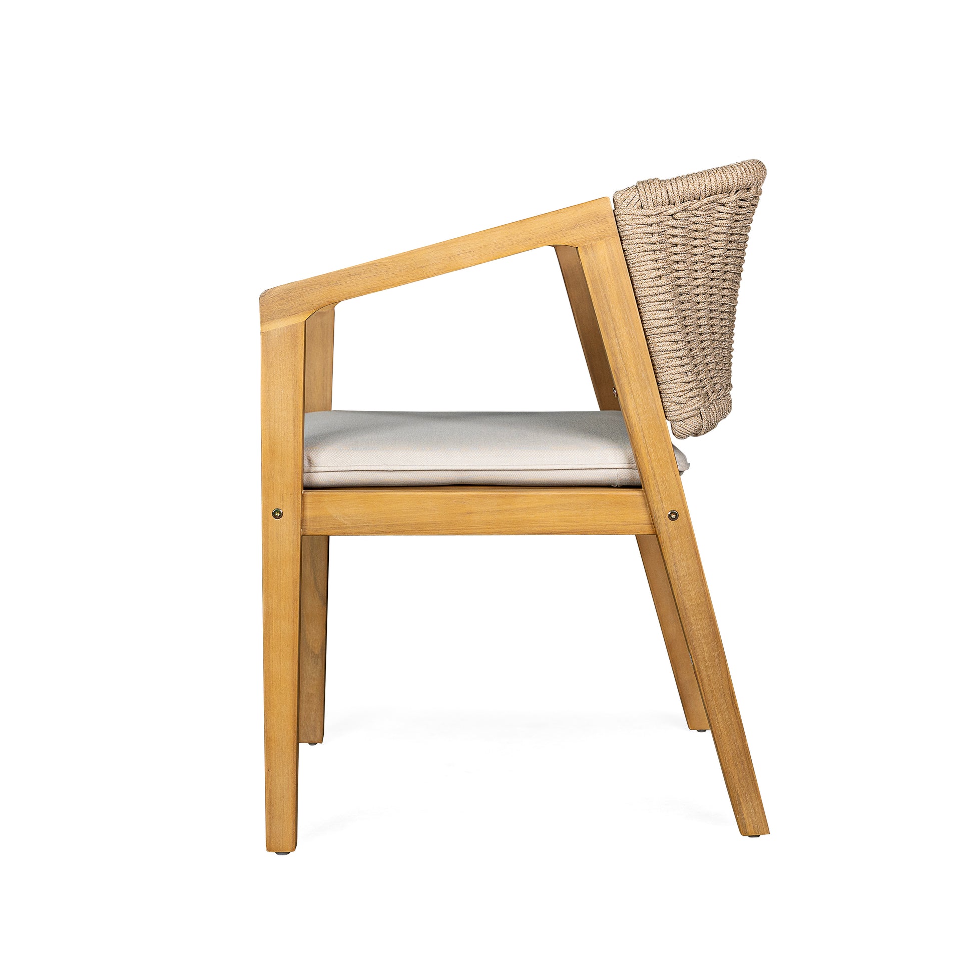 Wooden armchair with a natural rope woven back and light grey seat cushion
