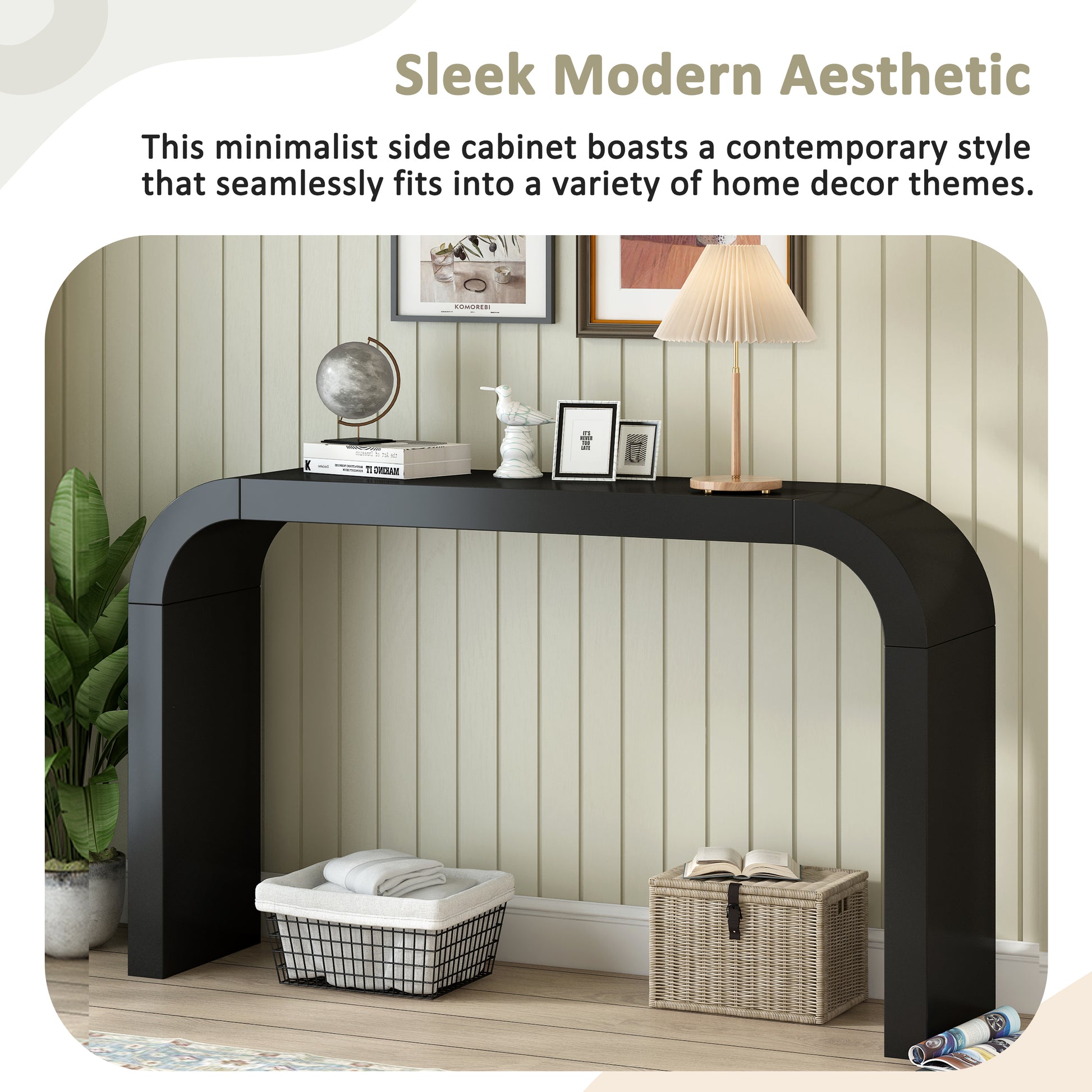Black waterfall console table with modern design featuring arched legs and ample surface space for decor
