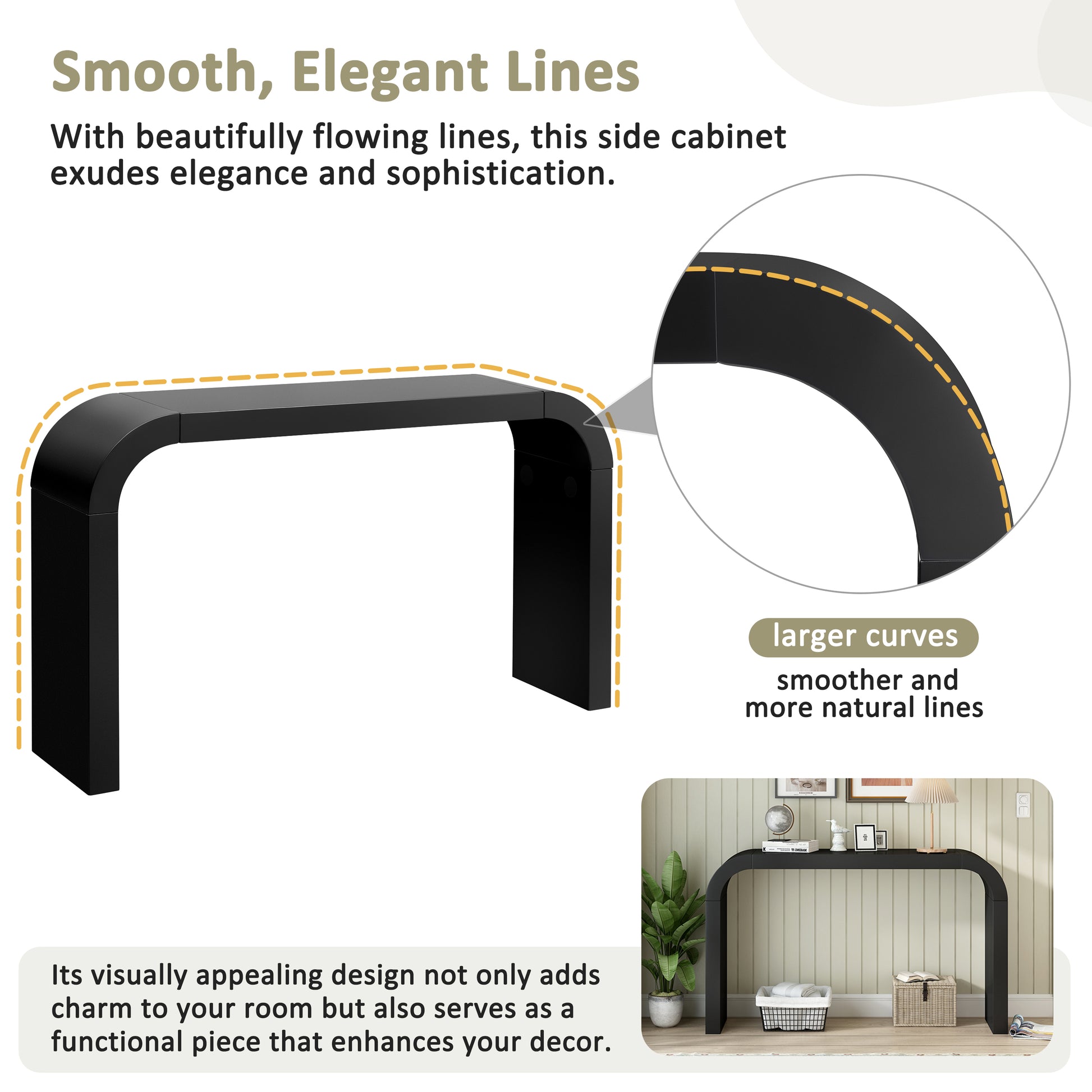 Black console table with a sleek Ushaped design and curved edges