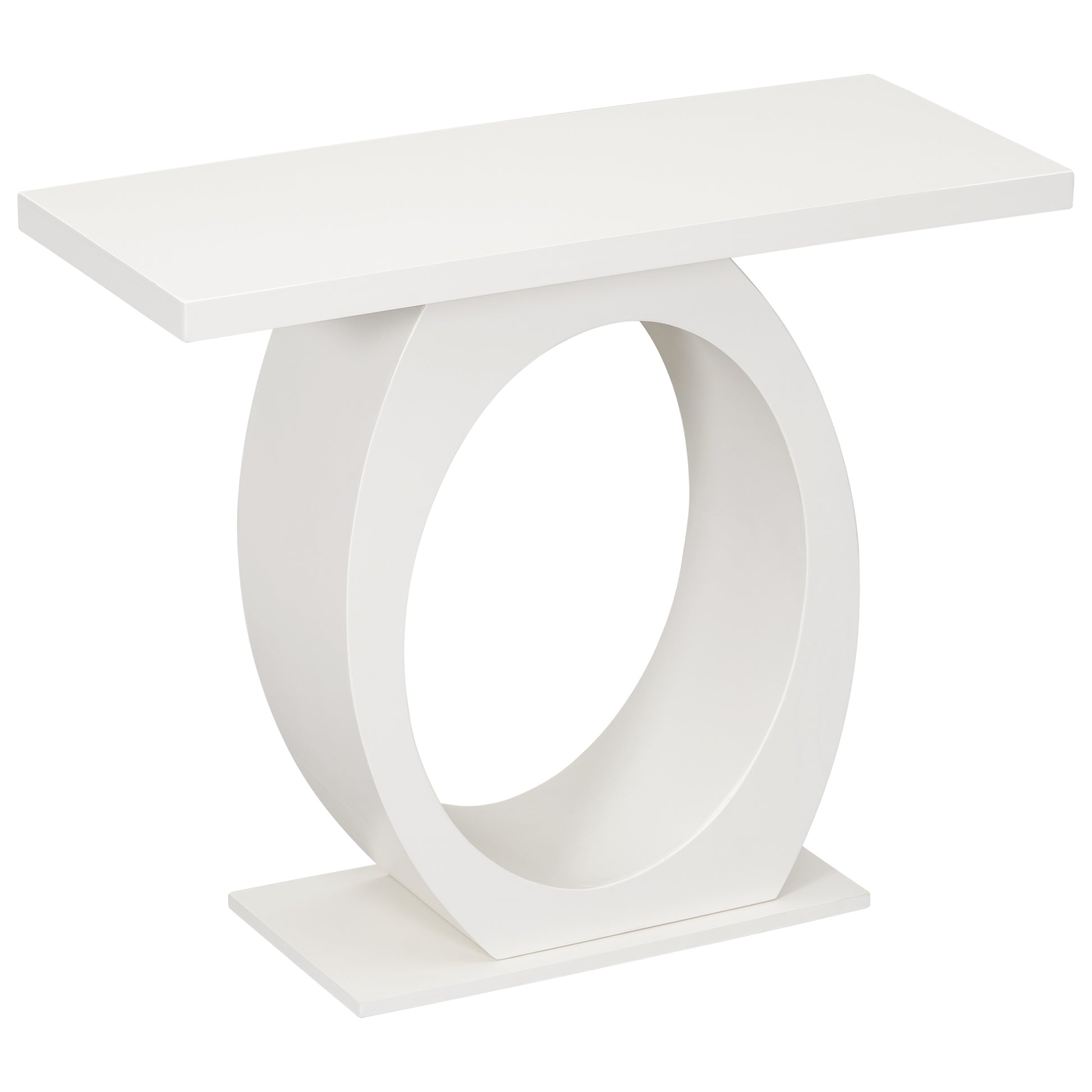 Sleek white console table with a modern sculptural pedestal base