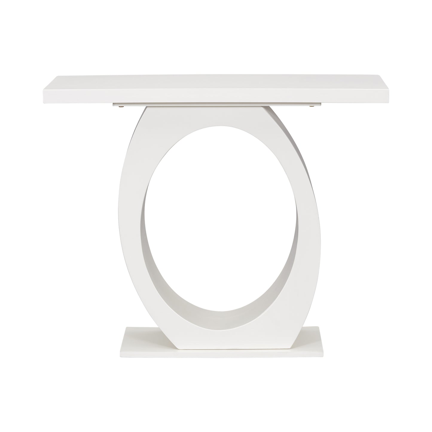 Sleek white modern console table with a unique circular open frame base