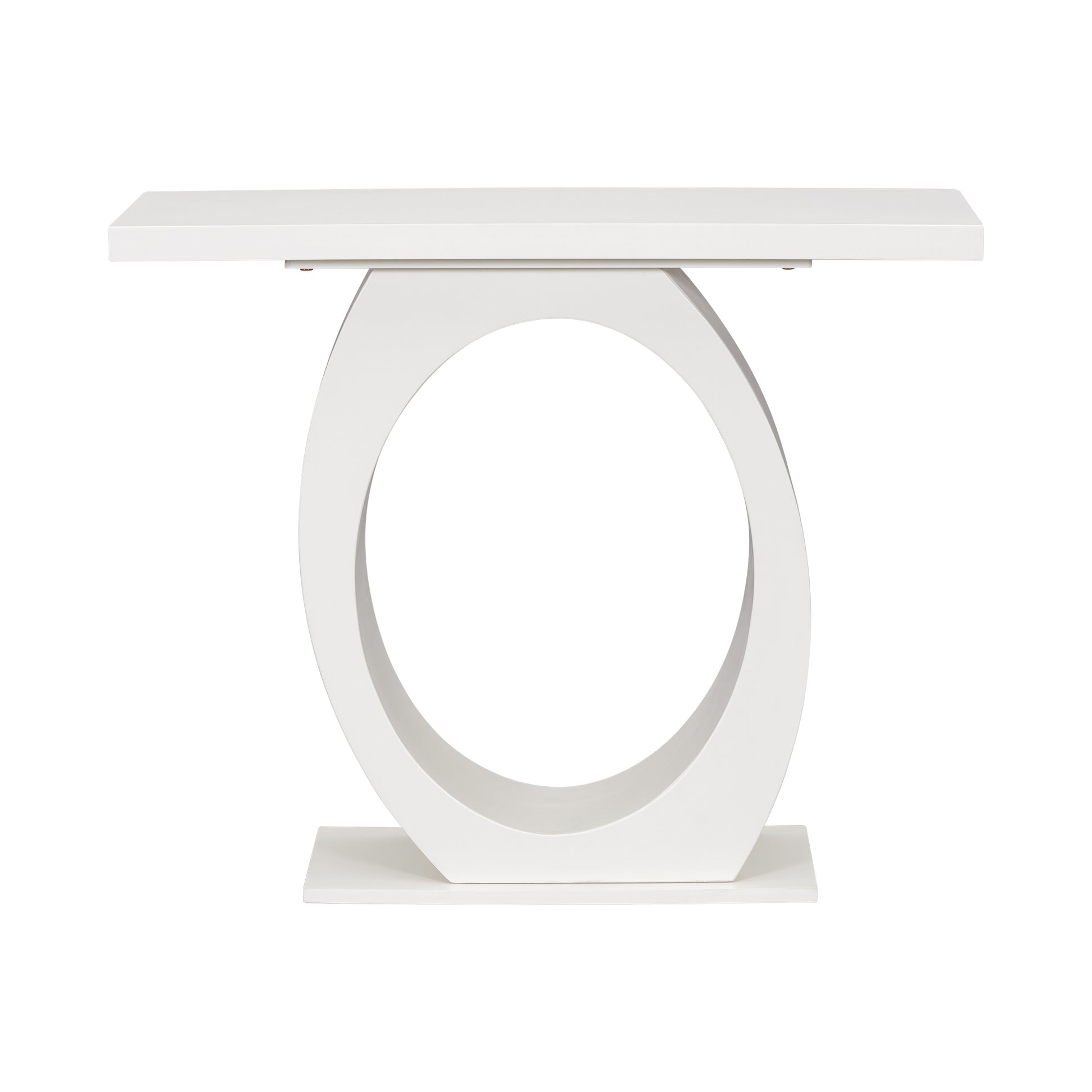 Sleek white modern console table with a unique circular open frame base