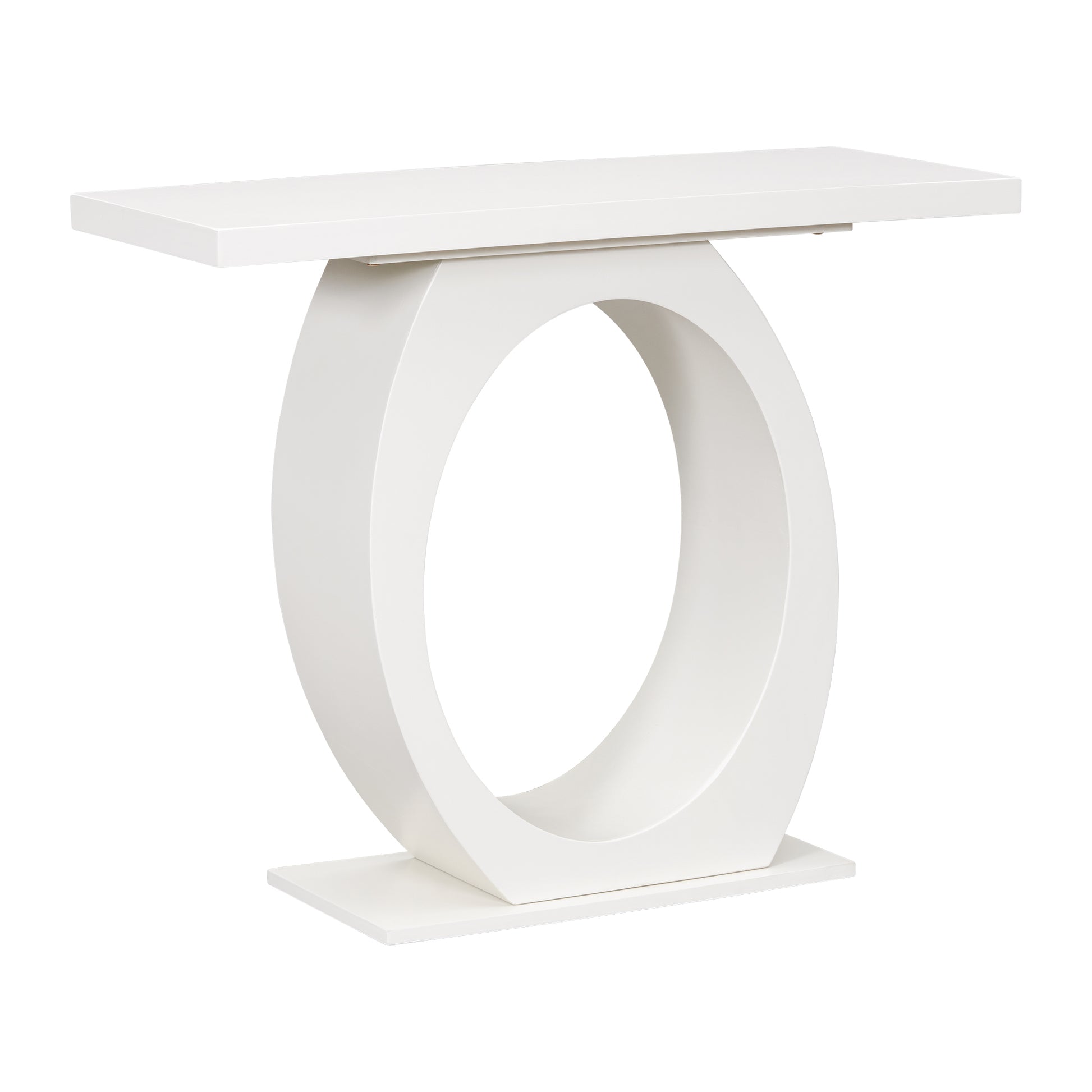 White modern console table with a circular open base and rectangular top