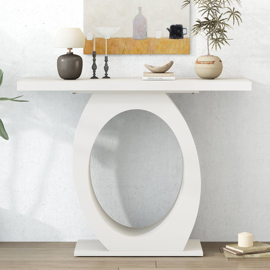 Modern white console table with a curved pedestal base and oval mirror accent