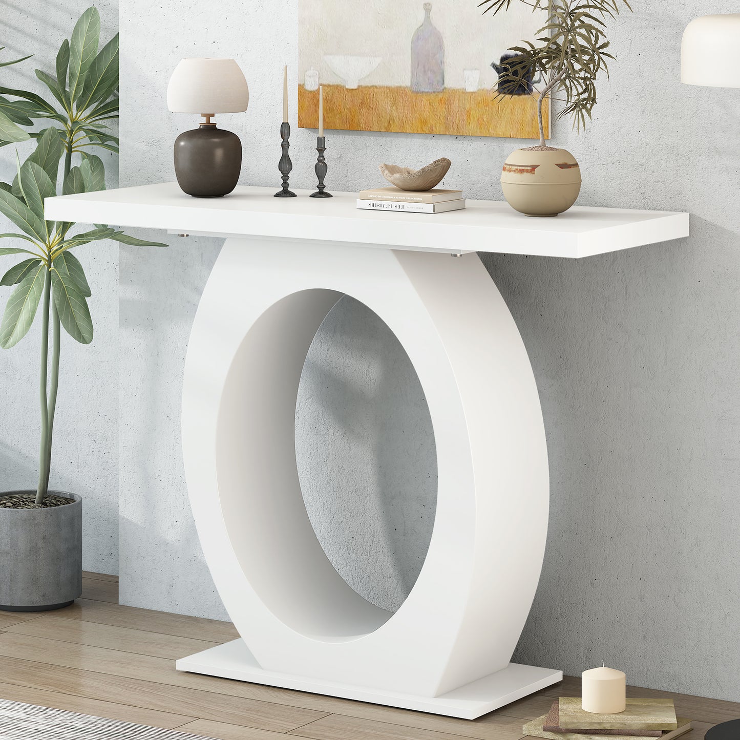 Modern white console table with oval cutout base and sleek tabletop