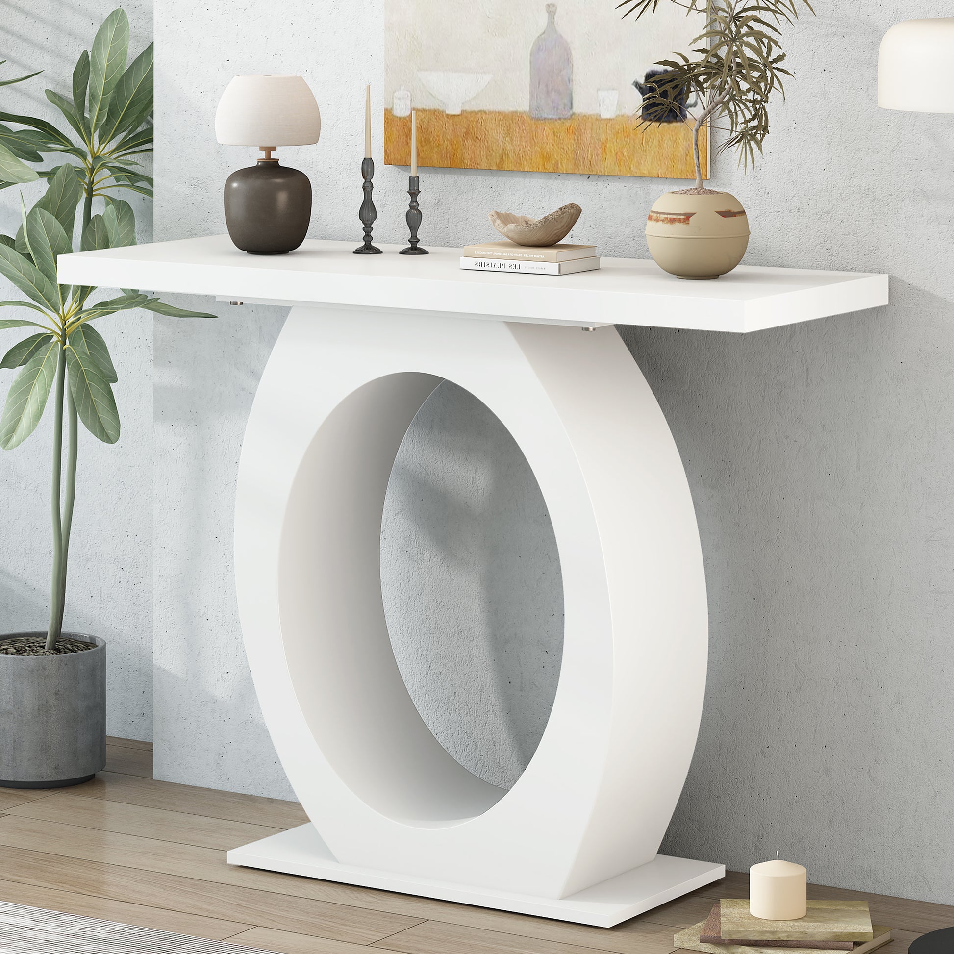 Modern white console table with oval cutout base and sleek tabletop