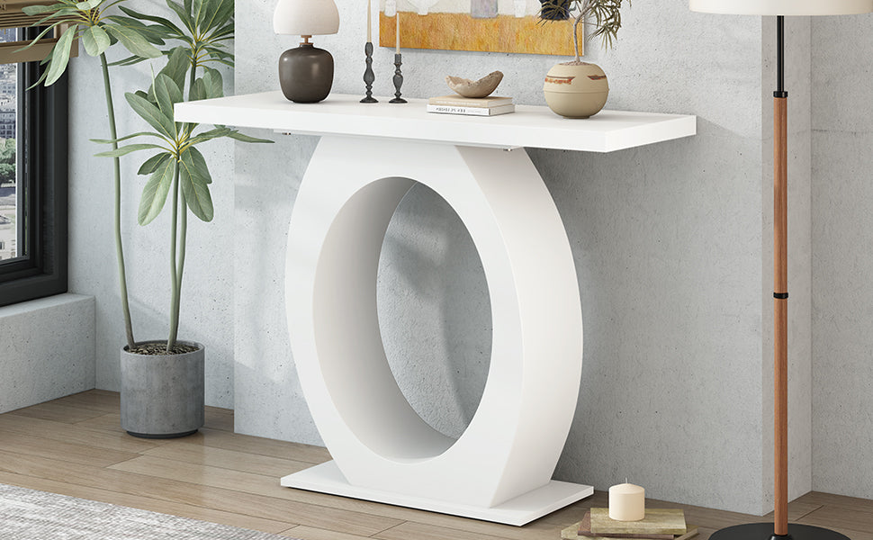 Modern white oval console table with a sleek minimalist design for entryways or living spaces