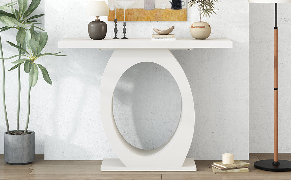 Modern white console table with abstract oval pedestal ideal for entryways