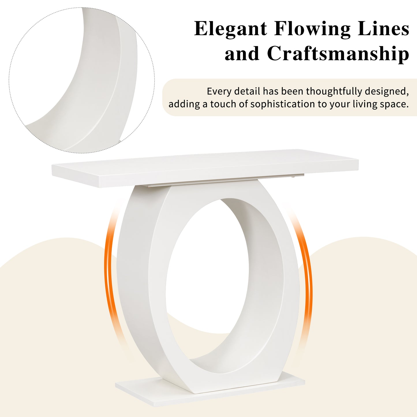 White console table with elegant curved base and smooth top surface
