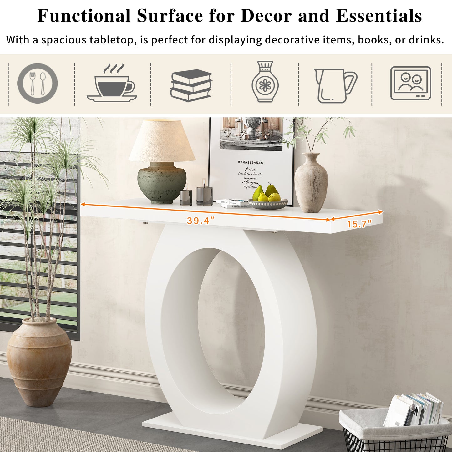 Modern white oval pedestal console table with a  tabletop and  depth