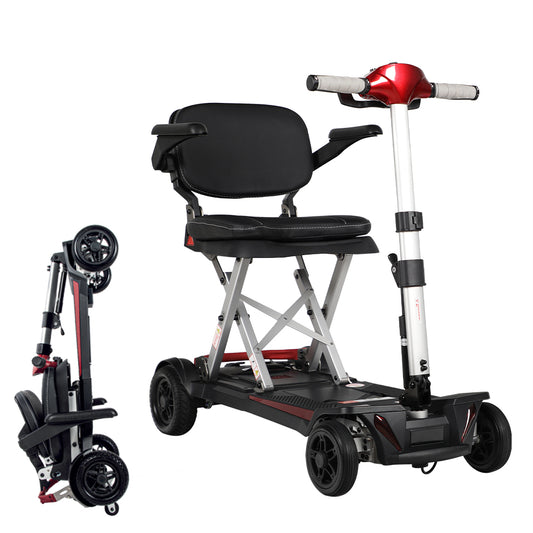 Red and black foldable mobility scooter fully assembled and ready for use
